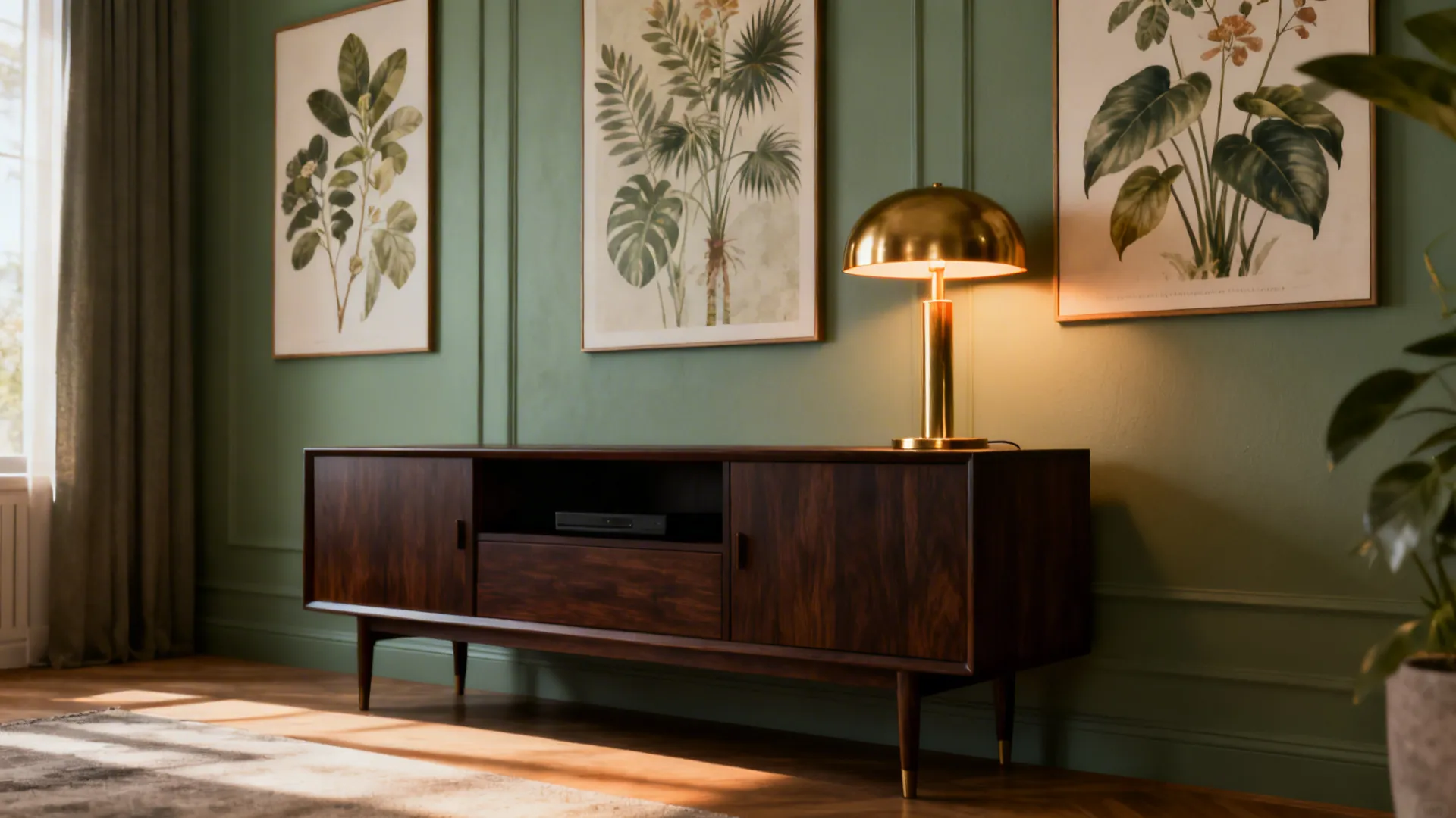 Living room with a muted sage green accent wall and dark brown unit, featuring botanical art and brass lamp.