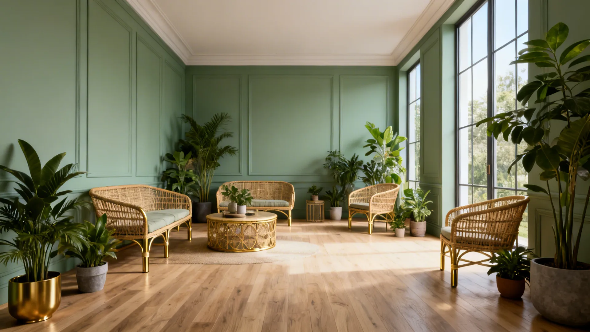 Small living room with muted sage walls, rattan furniture and plants creating a restorative feel.