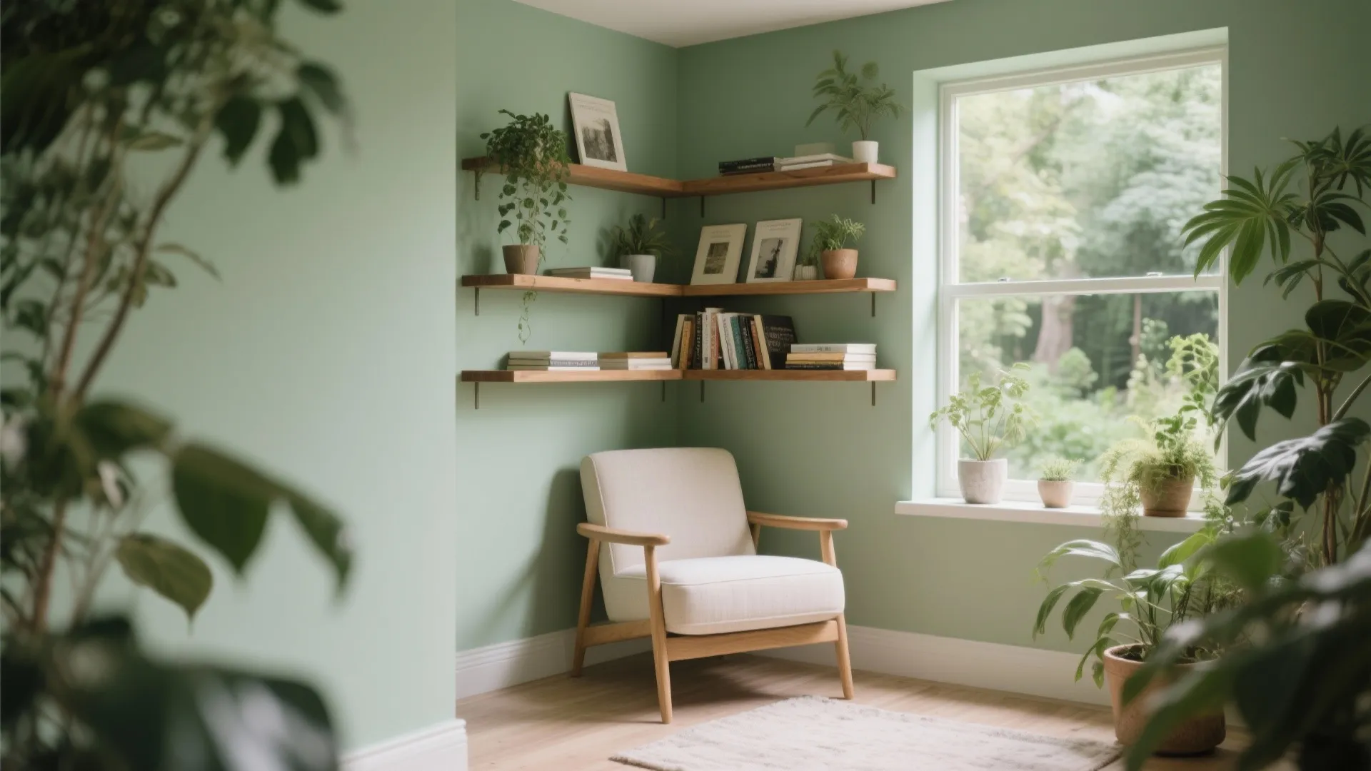 Cosy corner with sage green walls white armchair wooden wall shelves and a large bright window
