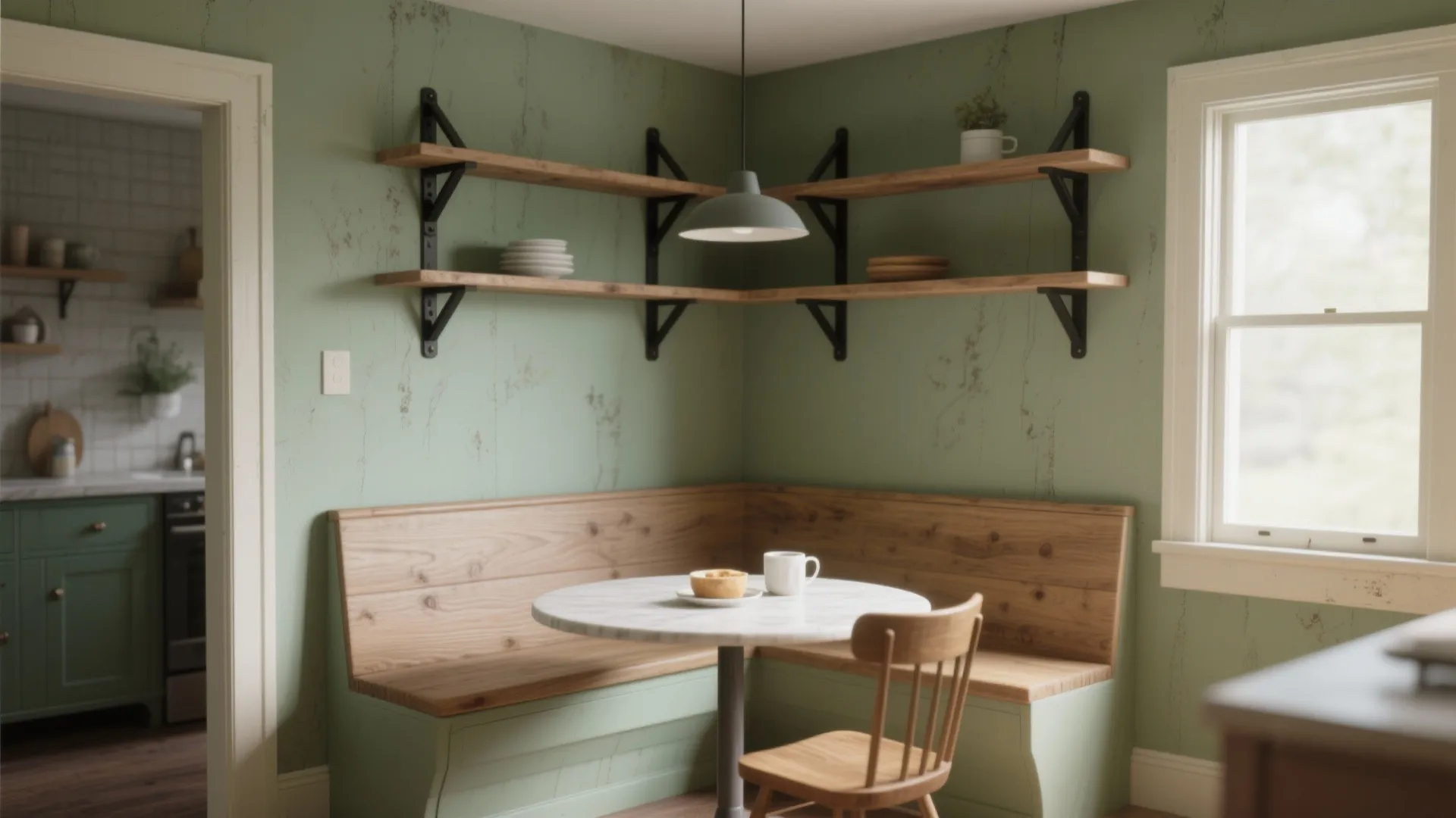 Cozy breakfast nook with muted sage walls, natural oak shelving and matte black hardware in soft daylight