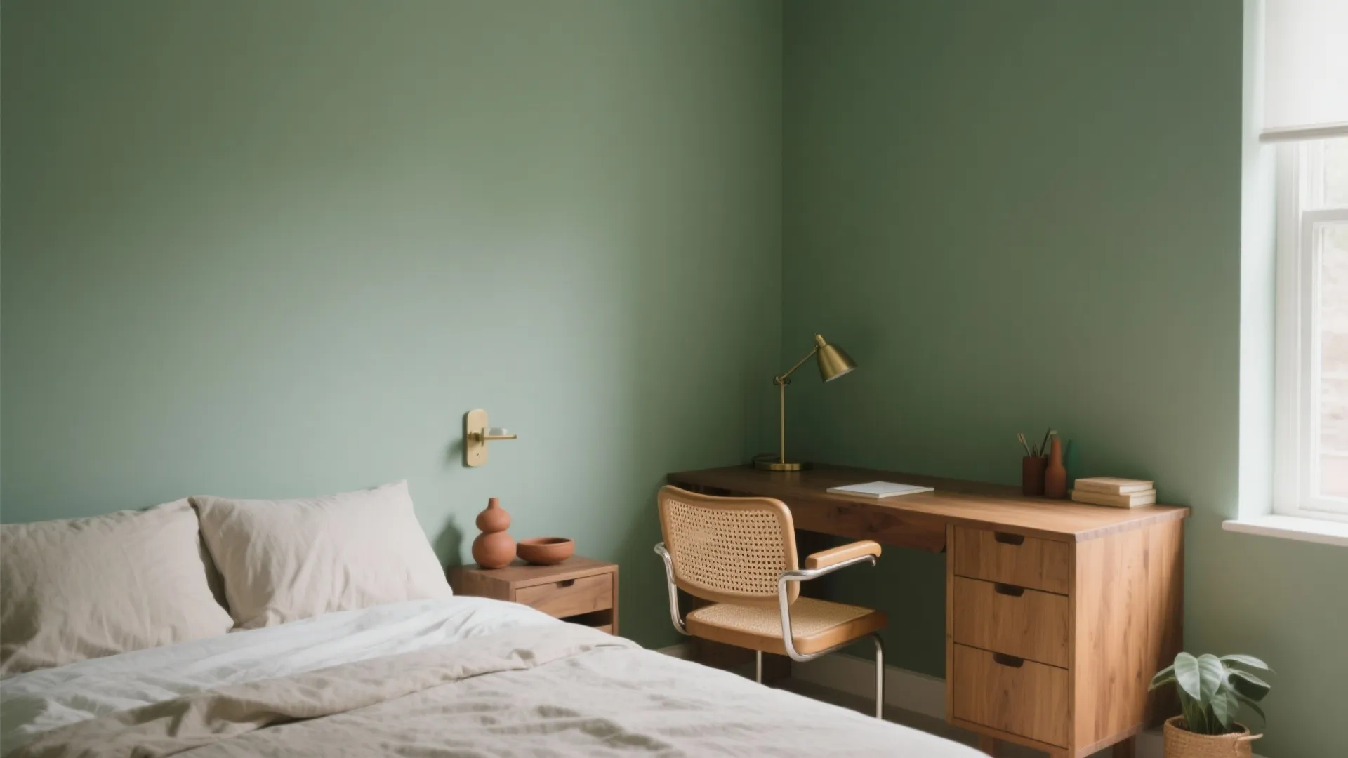 Sage green bedroom featuring wooden desk with drawers matching chair bedside table and natural window light