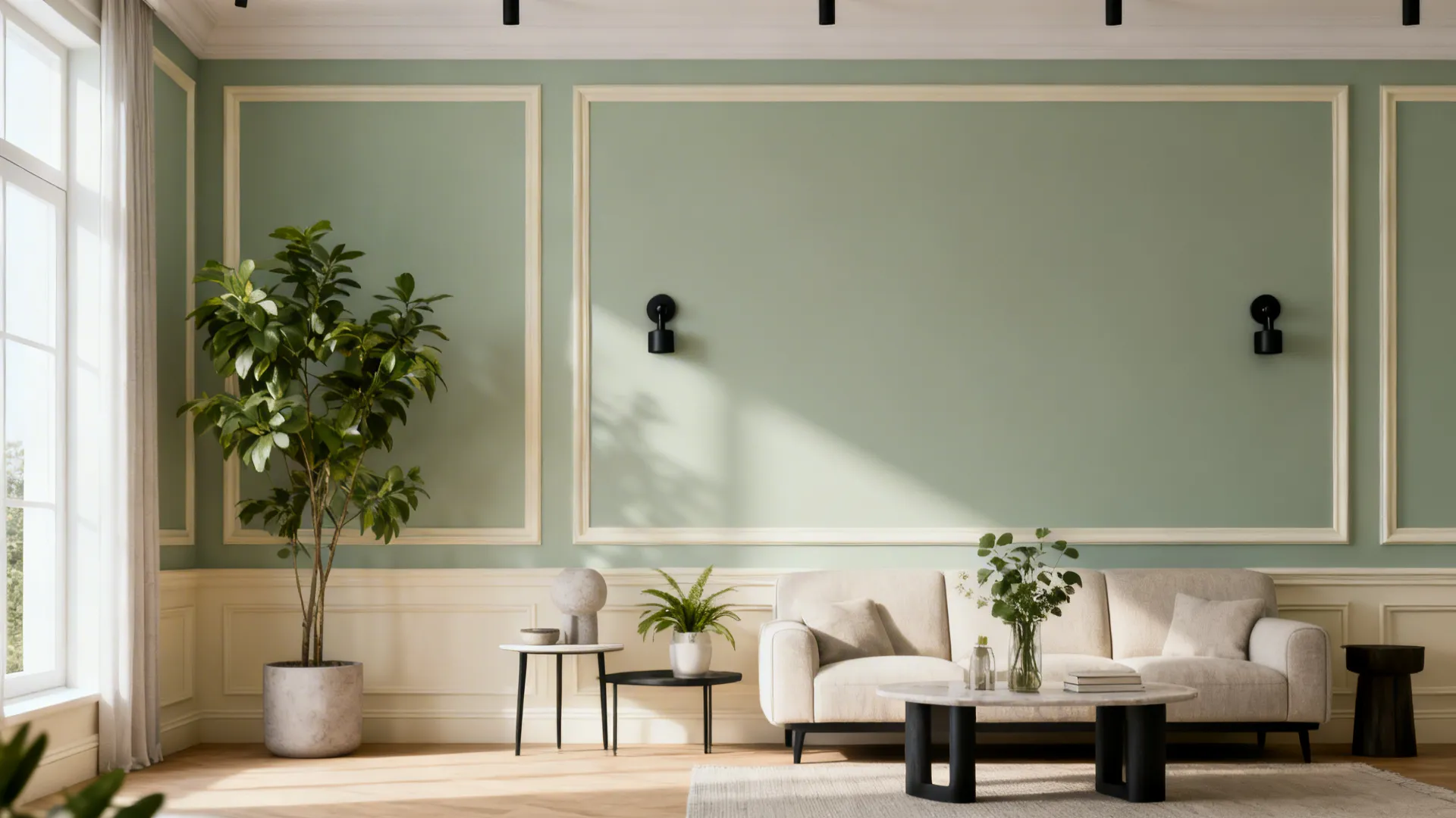 Compact living room painted muted sage with cream trim and matte black accents.