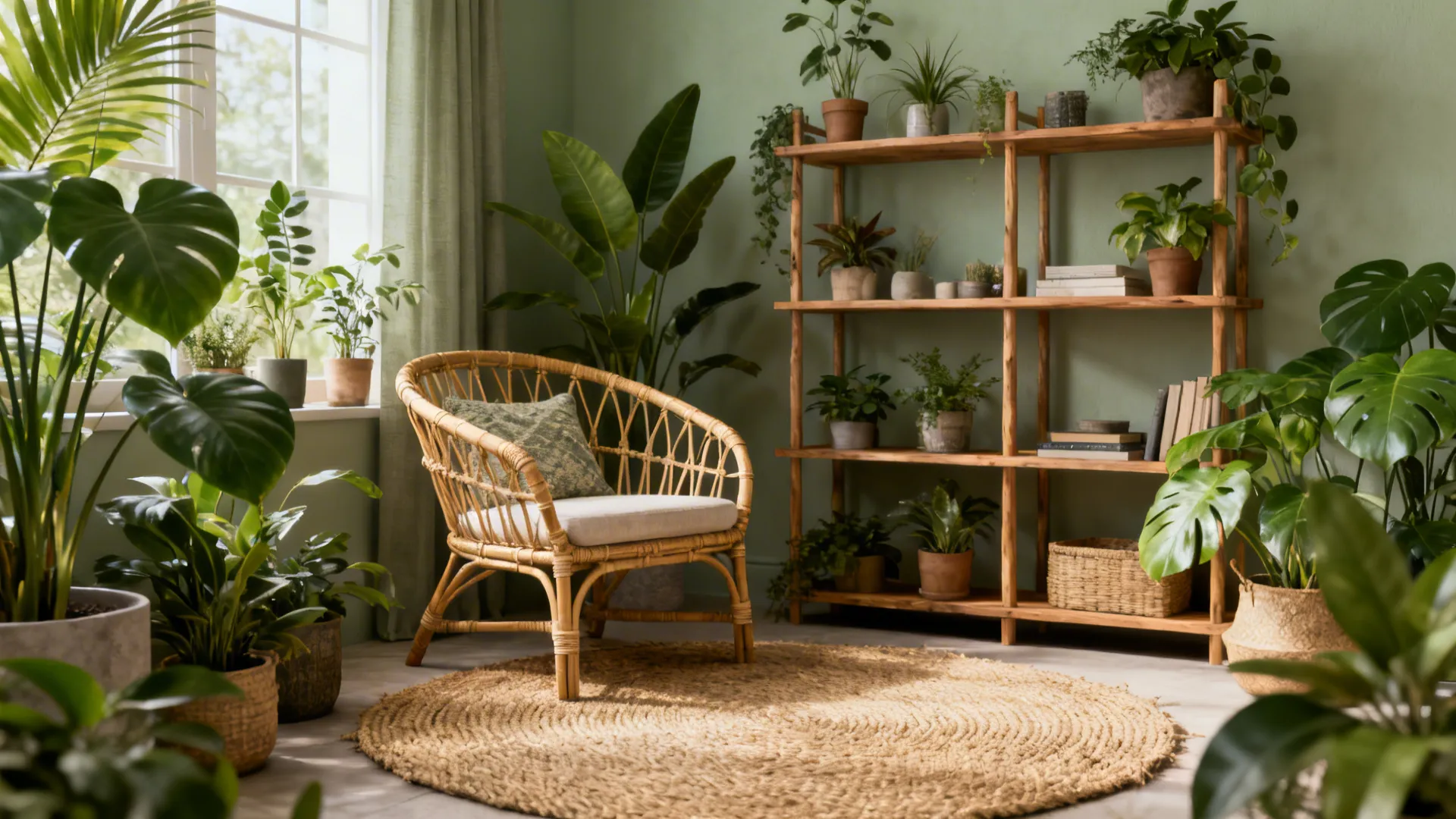 Small living room with muted sage walls, rattan furniture and many potted plants