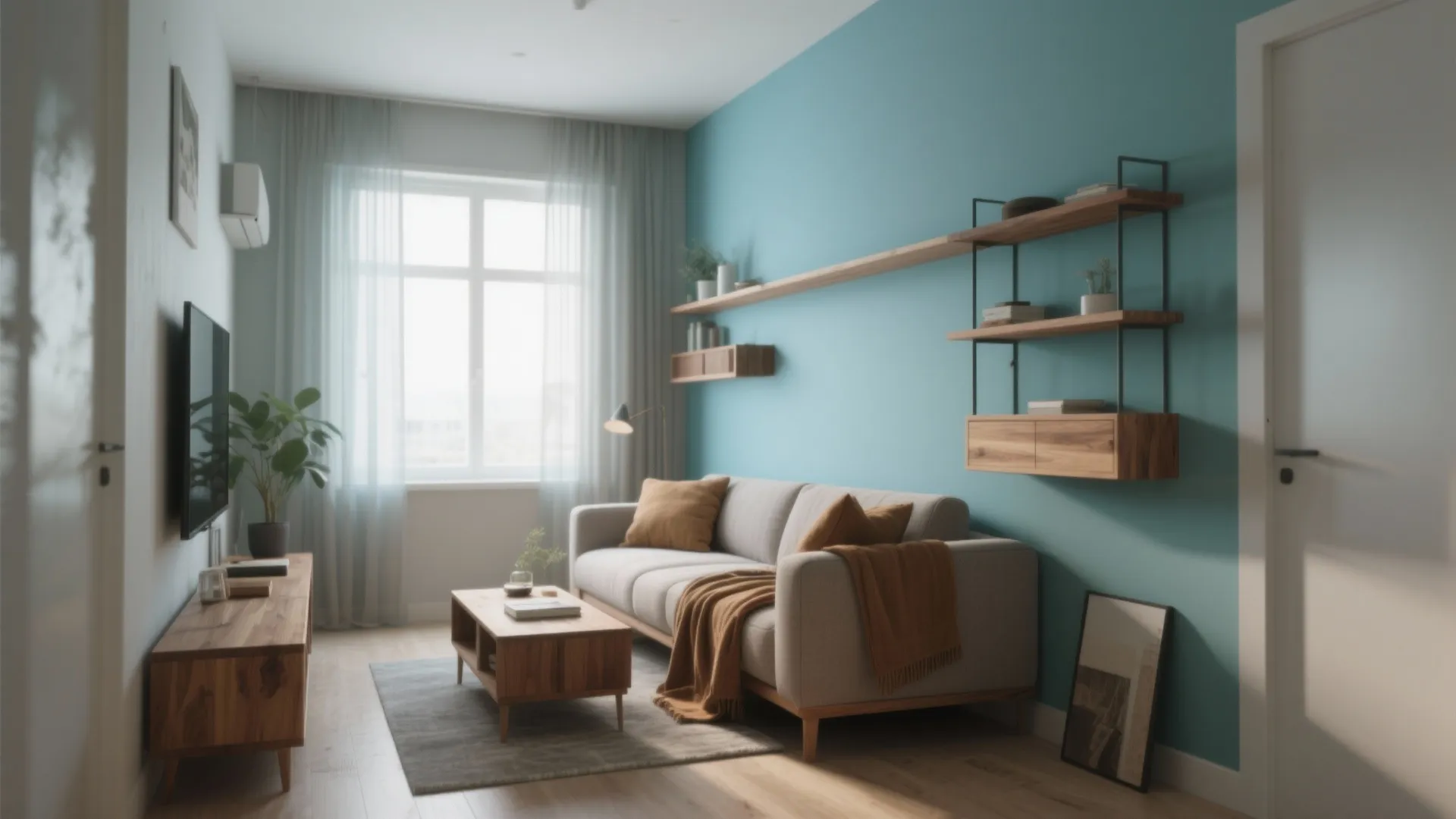 2. Muted Sky Blue with Warm Wood