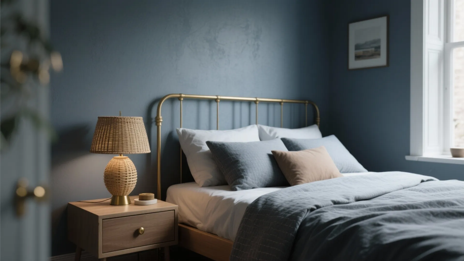 Small bedroom with muted slate-blue walls, textured bedding and brass and rattan accents for warmth.