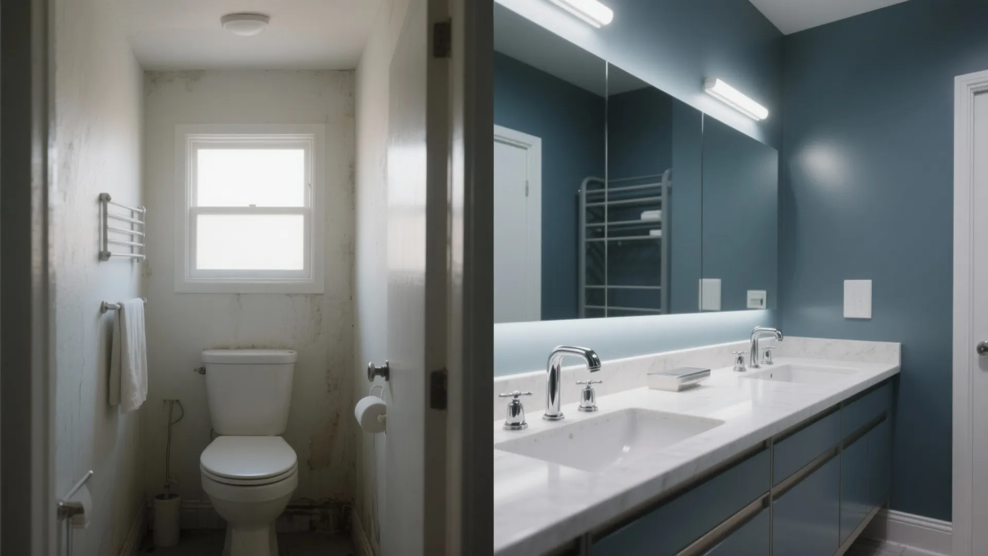 Before and after comparison of old small white bathroom and new modern blue double sink vanity