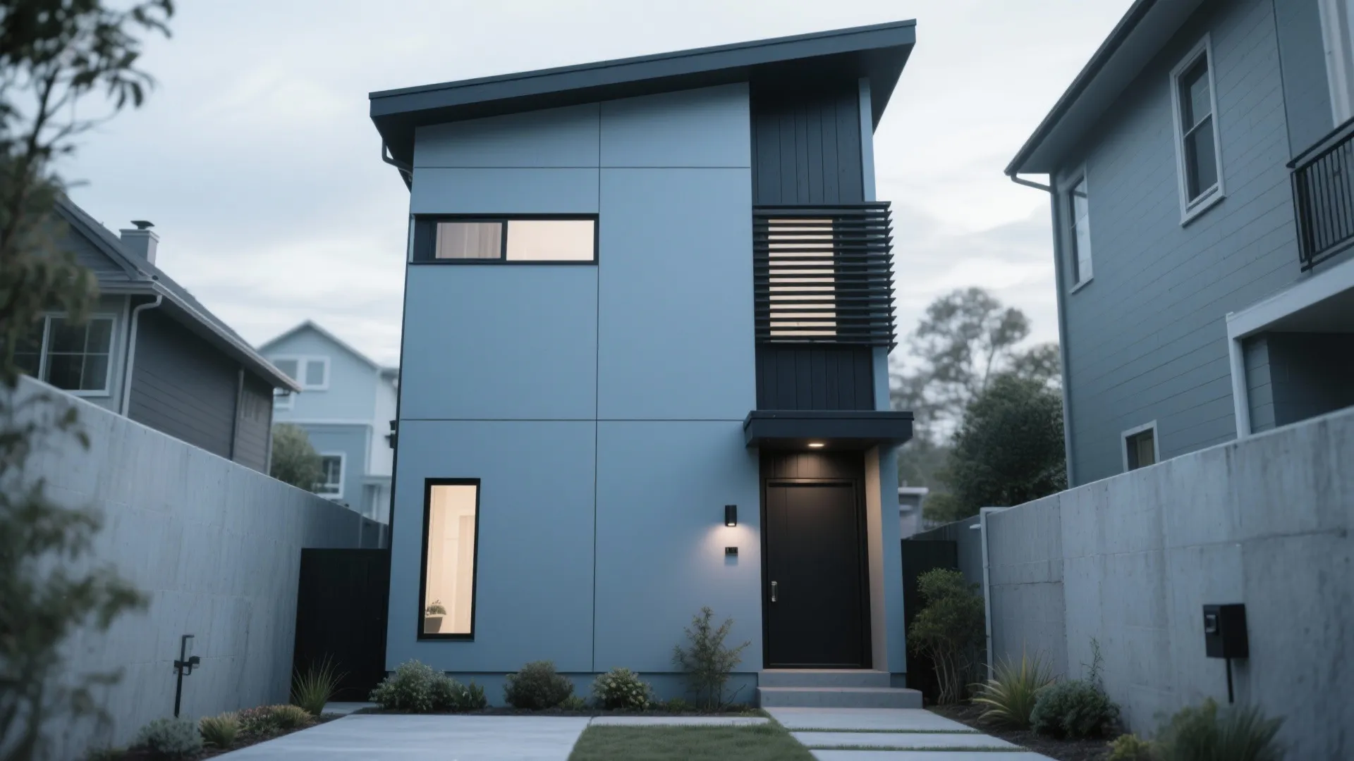 Modern blue two story house with black front door and small windows in simple garden