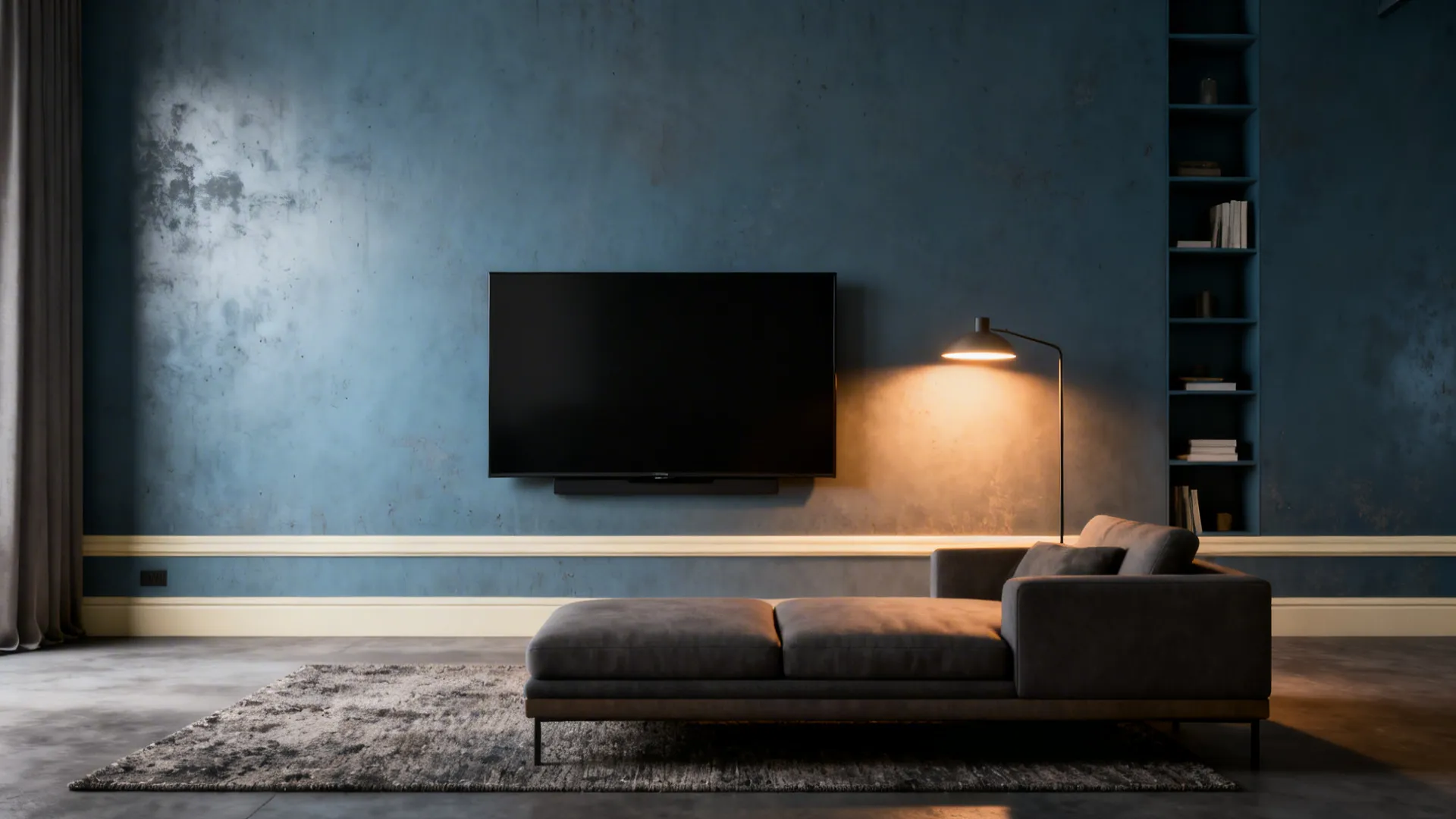 Modern living room with muted steel blue feature wall, Scandinavian furnishings and warm trims.