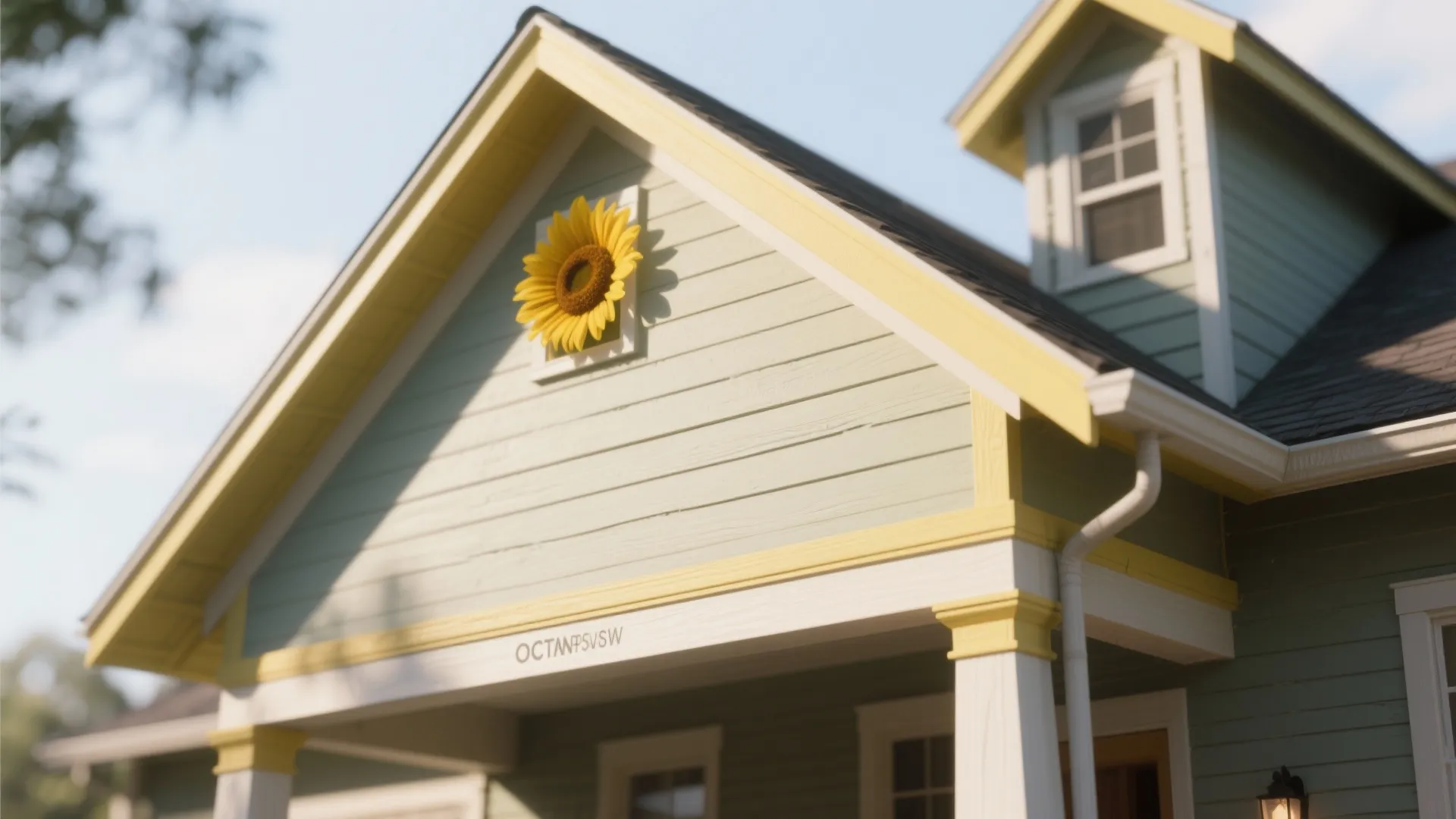 Architectural highlights painted in muted sunflower against a paler yellow body with clean masking lines.