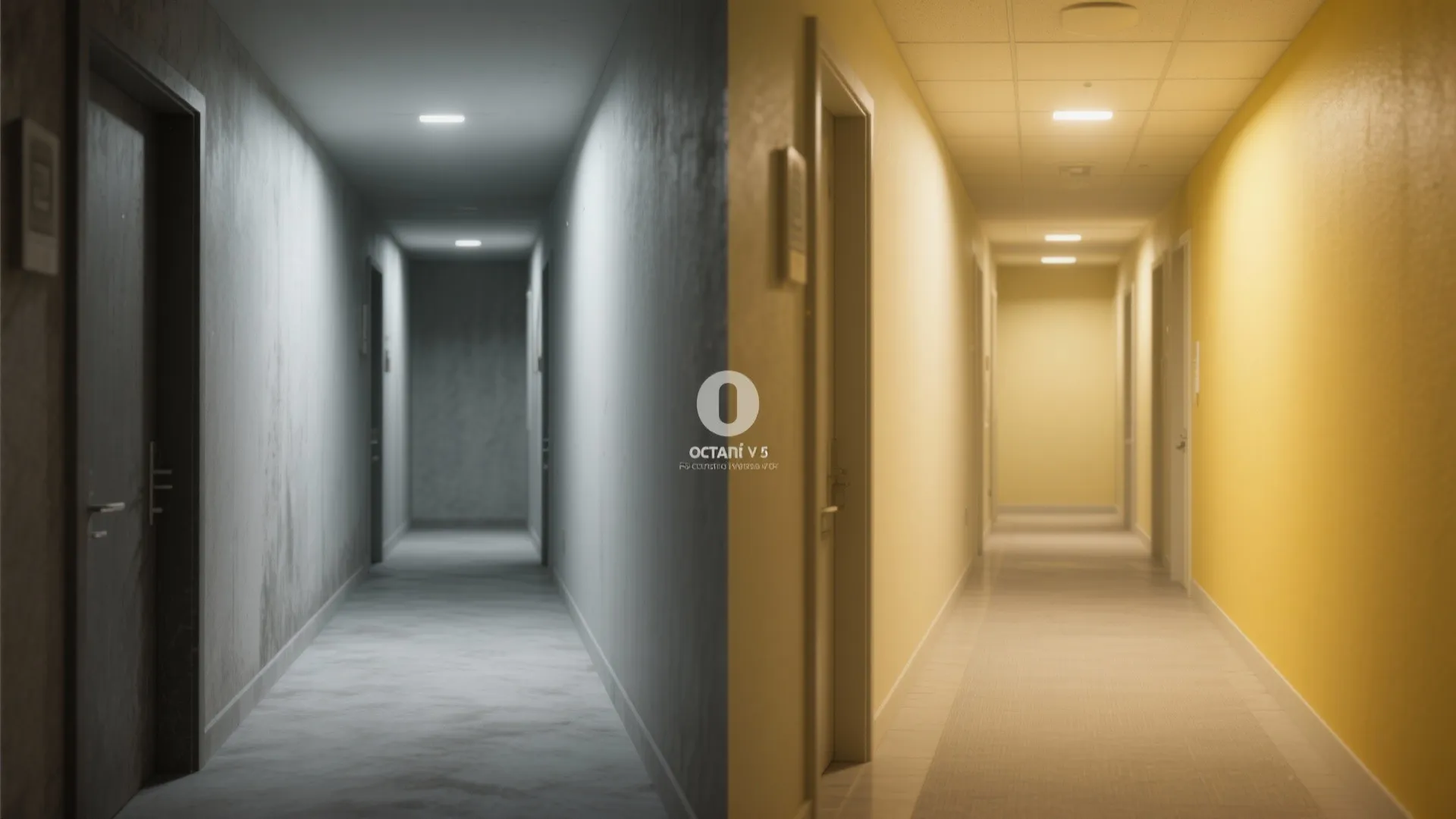 Before and after comparison showing a cold grey hallway versus a warm bright yellow hallway