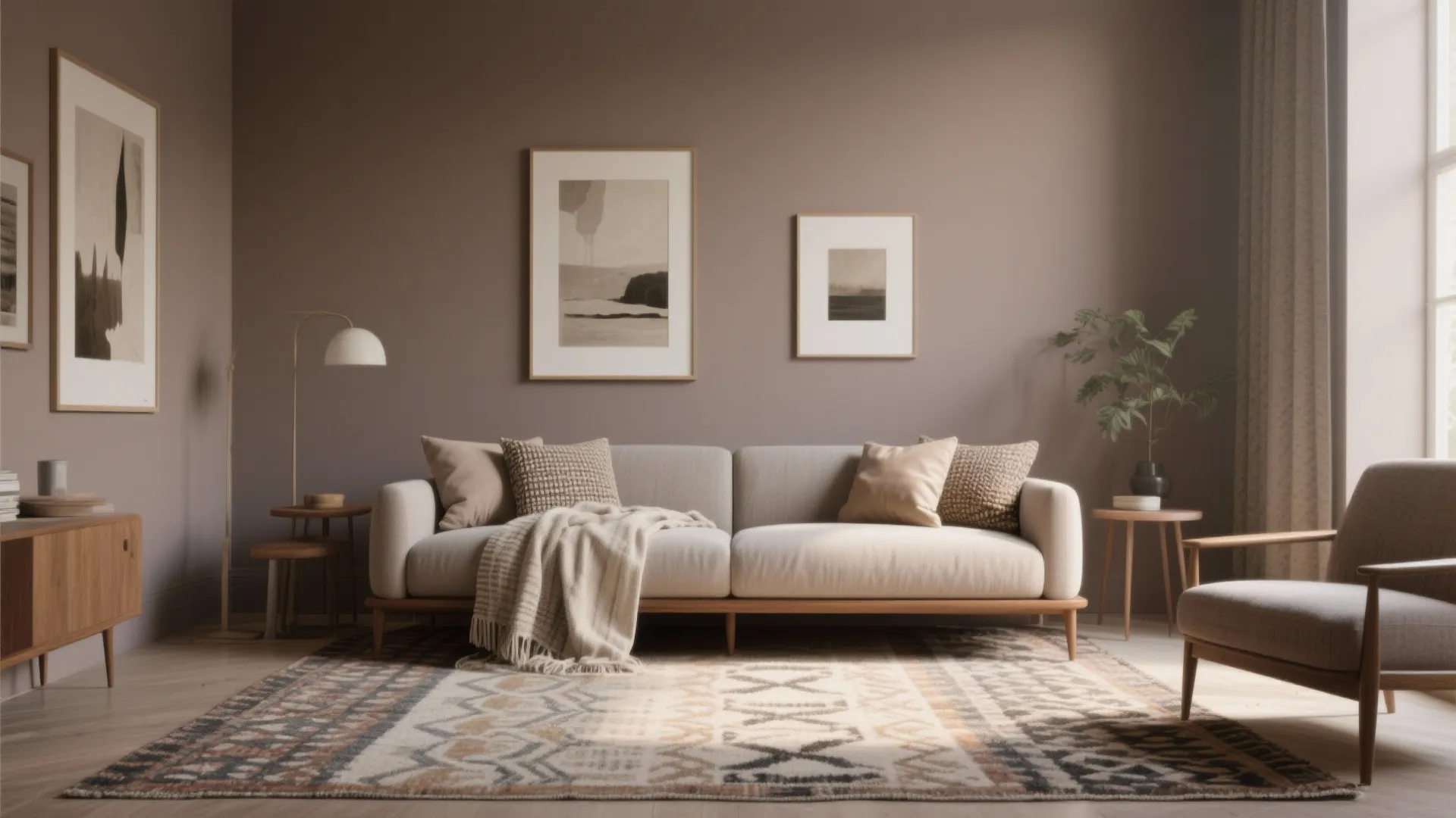 Modern living room with taupe walls, beige sofa, patterned rug, wooden furniture, and framed artwork