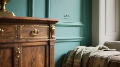 Vintage Bedroom Corner with Teal Panelling & Brass Accents