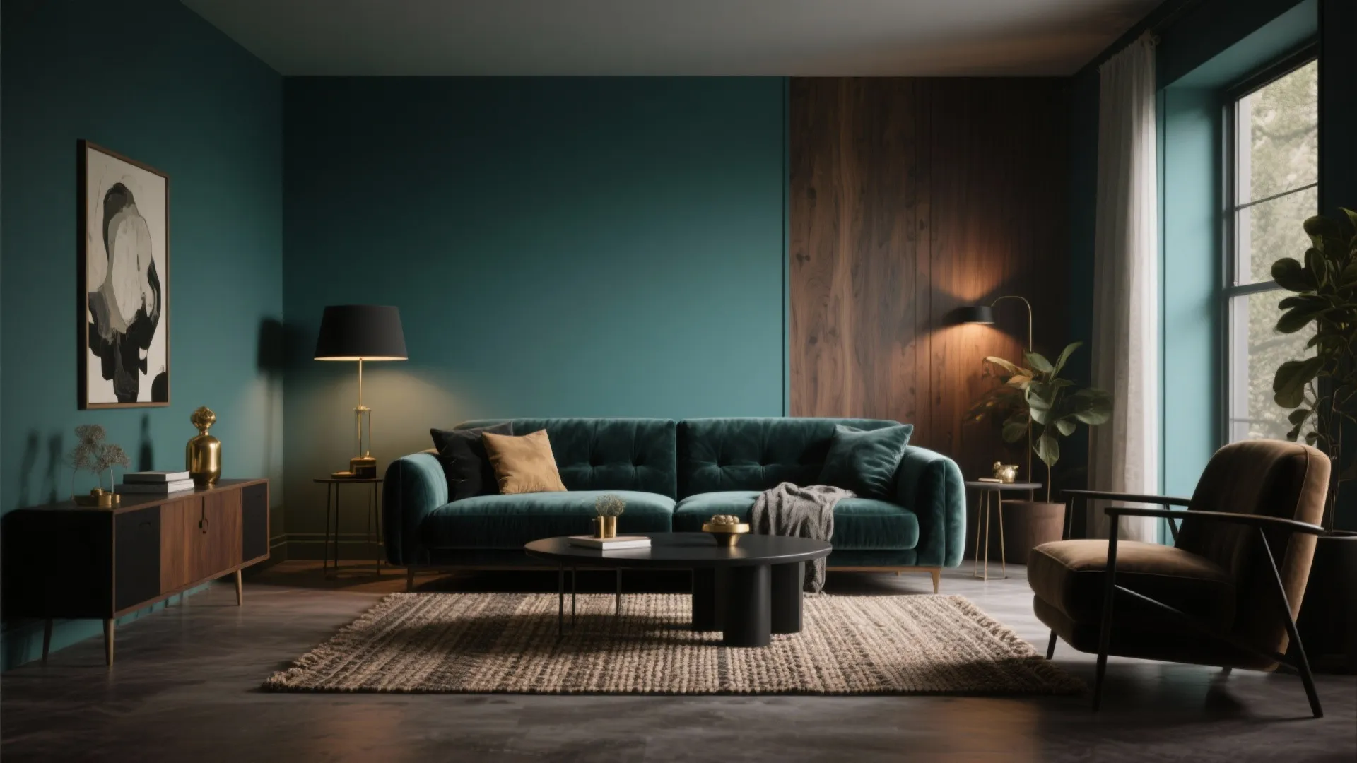 Modern living room featuring teal walls dark green velvet sofa wooden wall panels and warm lighting