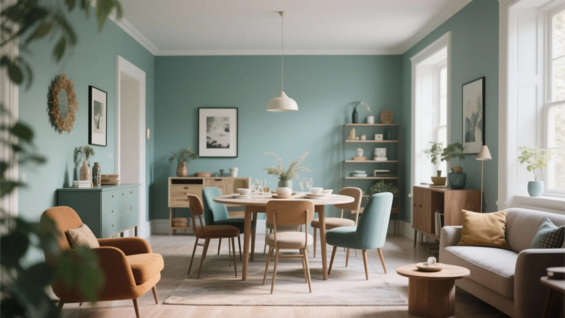 Muted teal dining room with warm and cool furniture mix