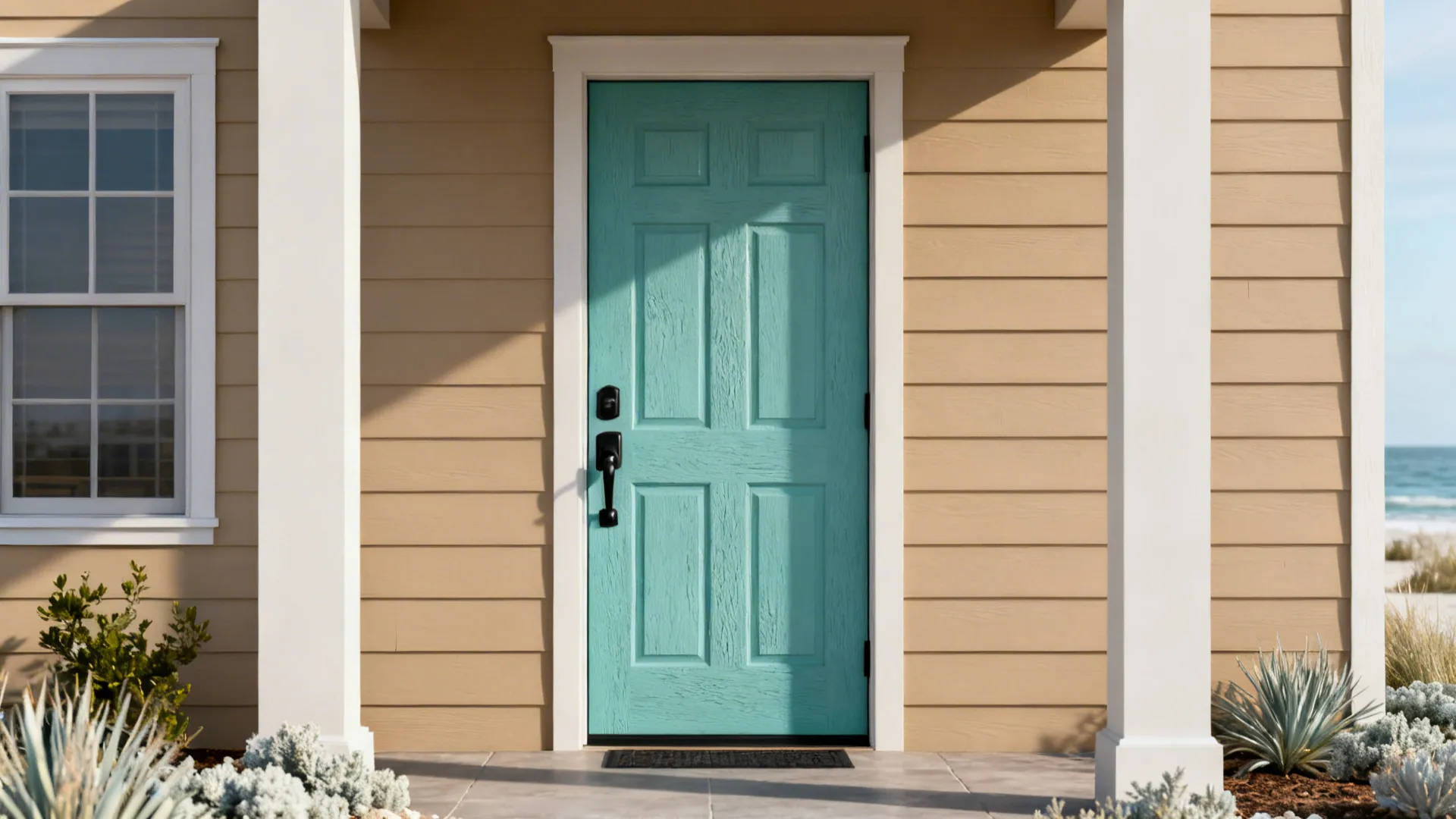 Tan house with a muted teal front door and oil-rubbed bronze hardware in coastal style.