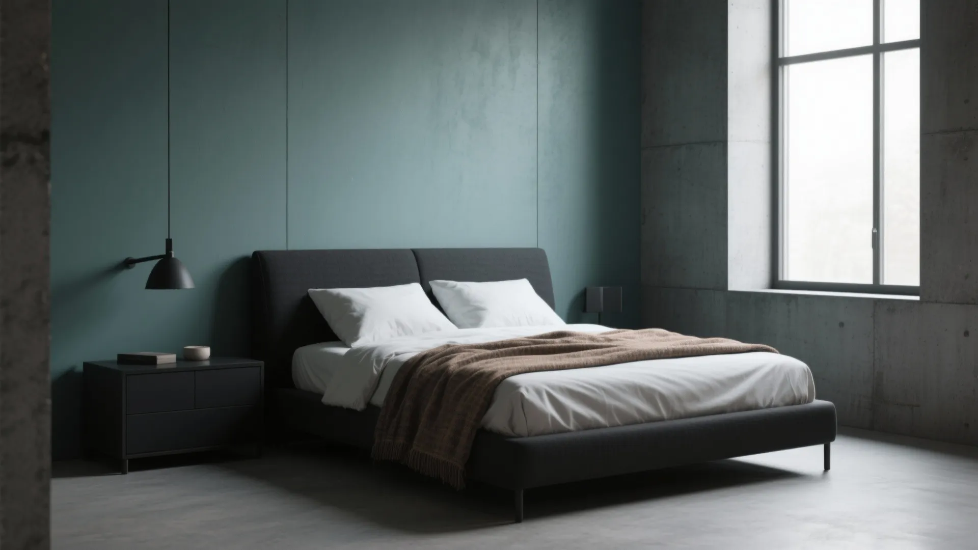 Minimalist bedroom with muted teal-grey walls, matte black and concrete accents, and warm textiles for balance.
