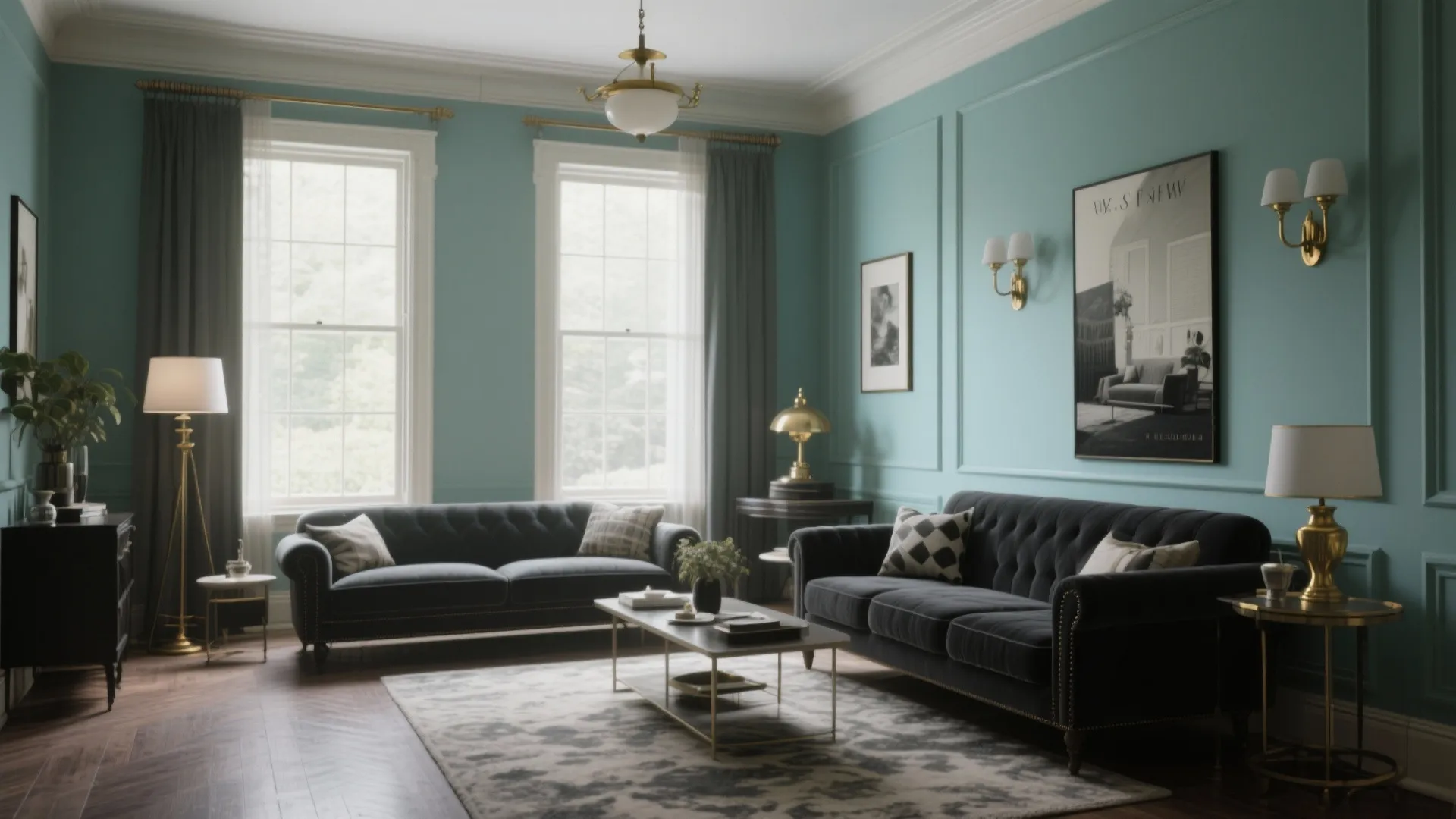Elegant heritage-style living room with muted teal walls