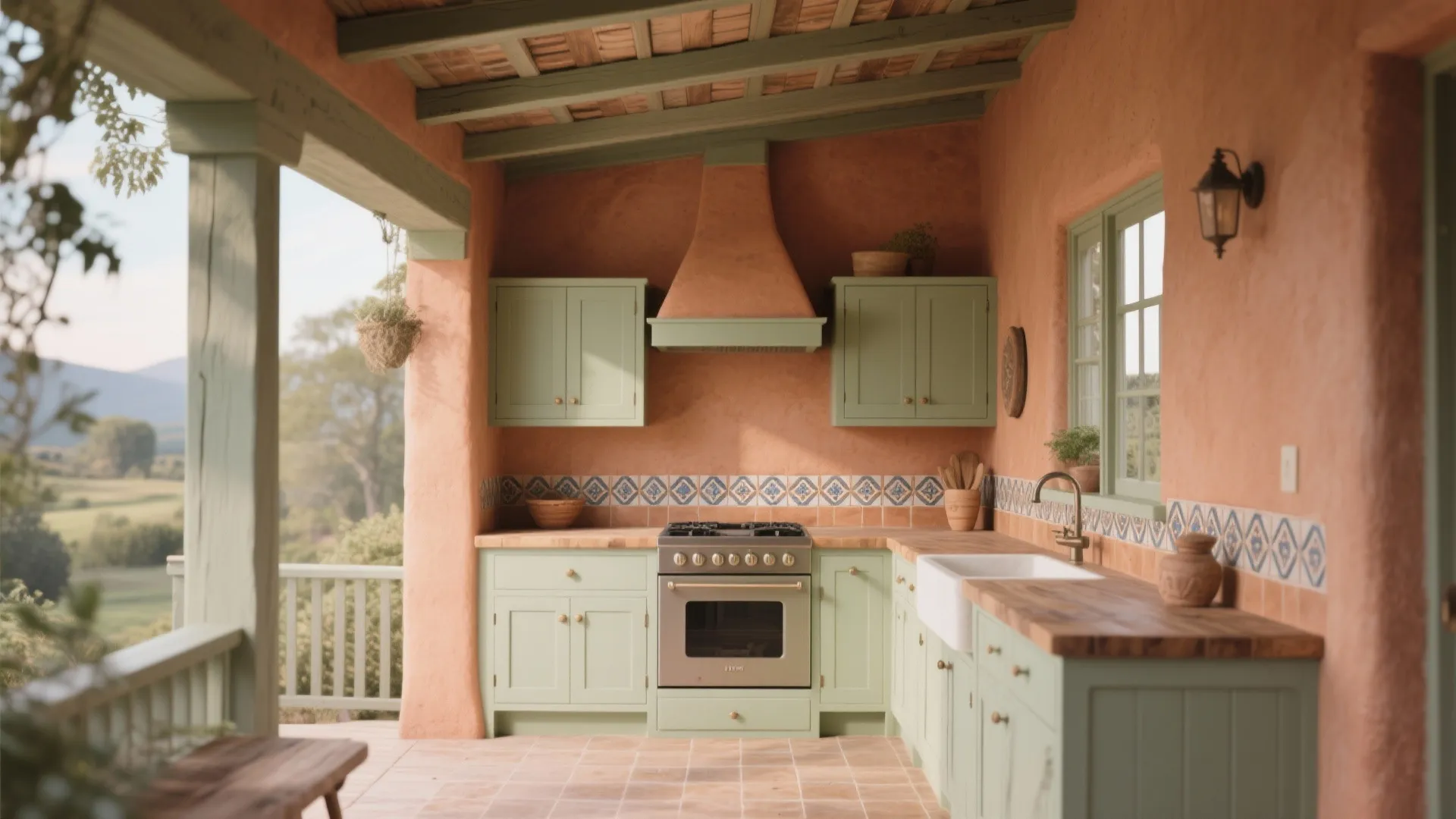 Outdoor kitchen with light green cabinets orange walls tiled floor and view of the green landscape