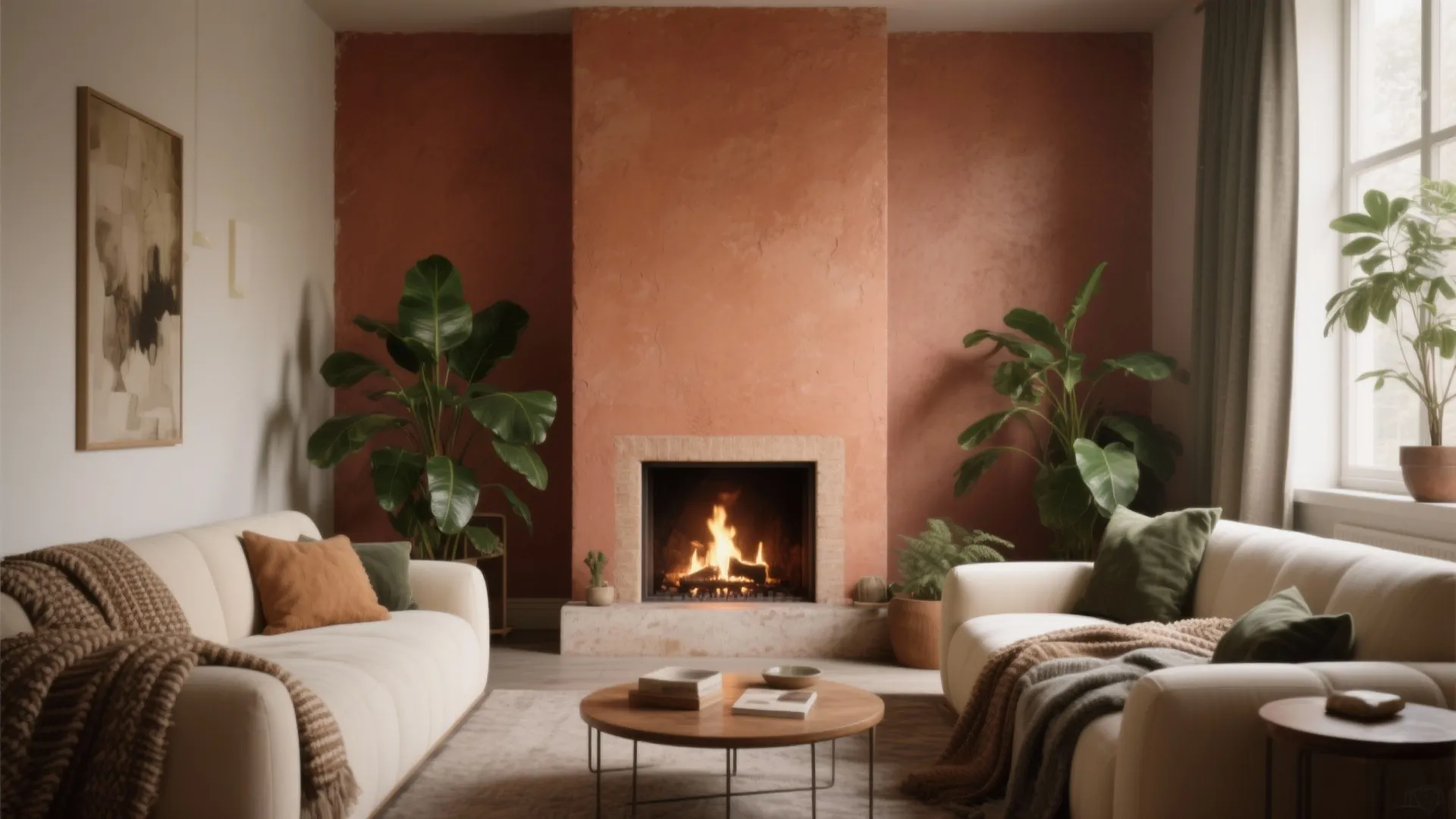Living room with terracotta wall, fireplace, two white sofas, wooden coffee table, and green plants