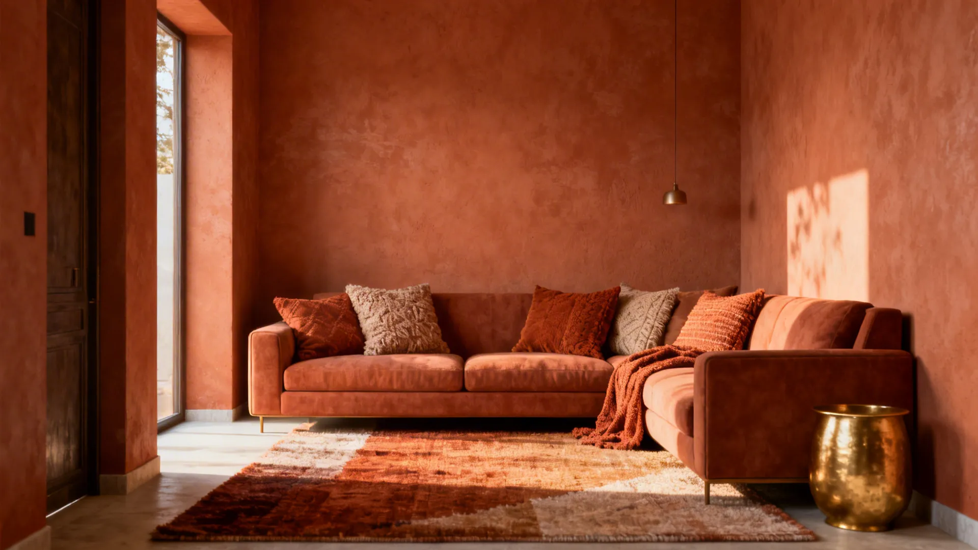 Small living room with muted terracotta accents, brass details and warm textiles.