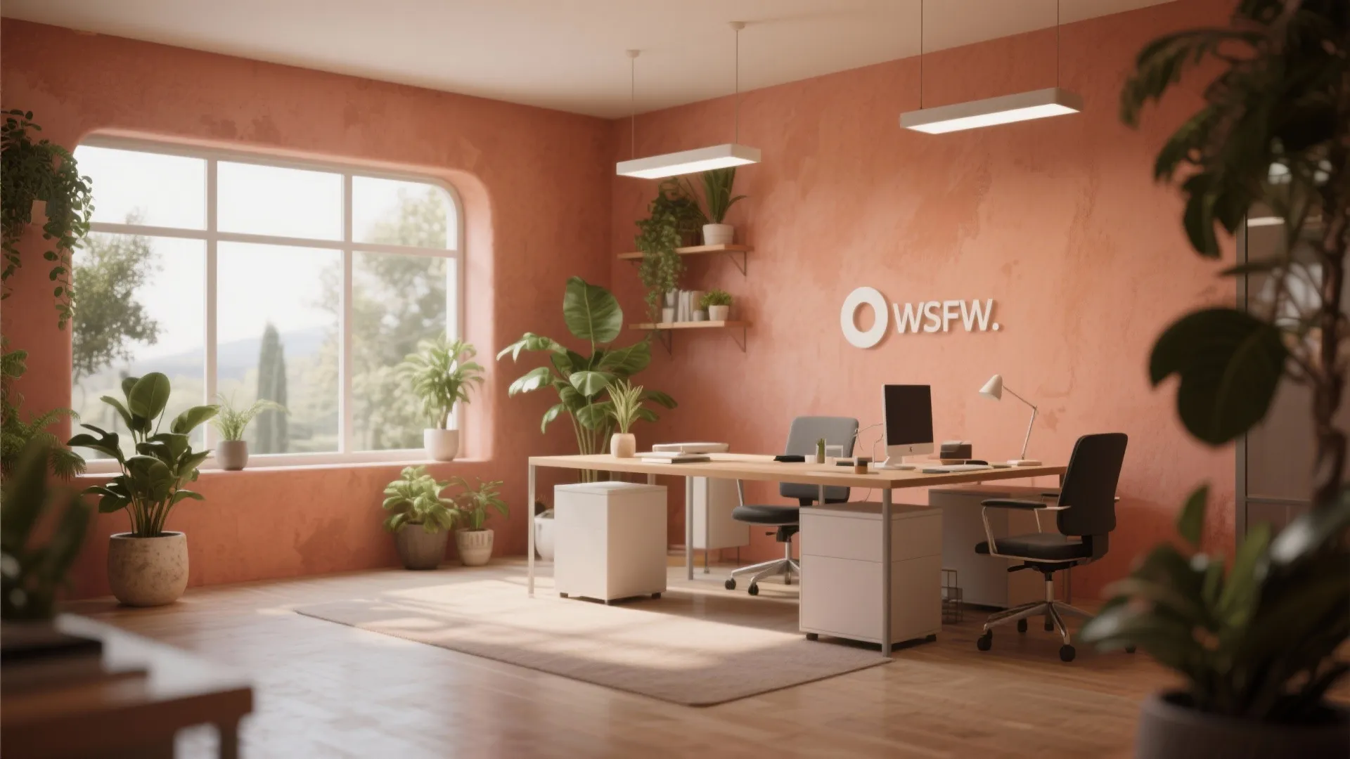 Modern terracotta office with wooden desks white cabinets green plants and light from large windows
