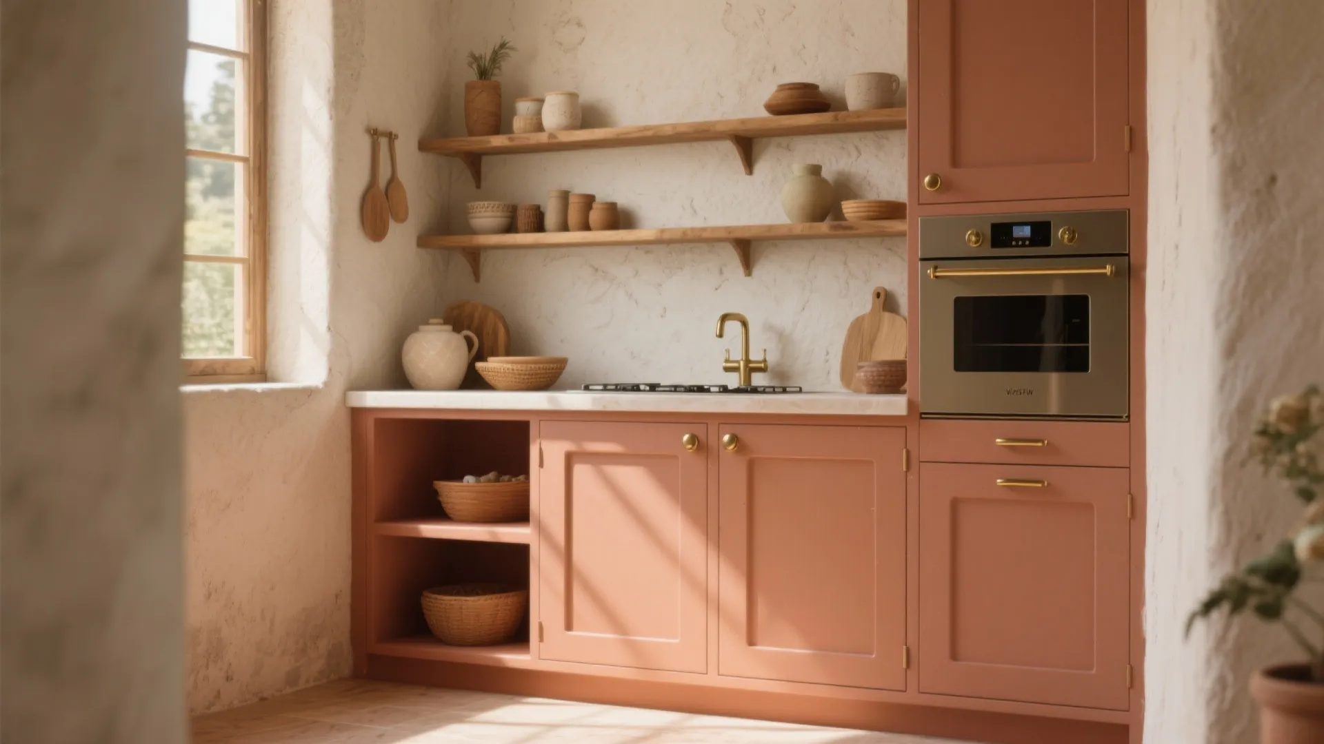 Rustic kitchen with terracotta cabinets wooden wall shelves brass faucet built in oven and natural light