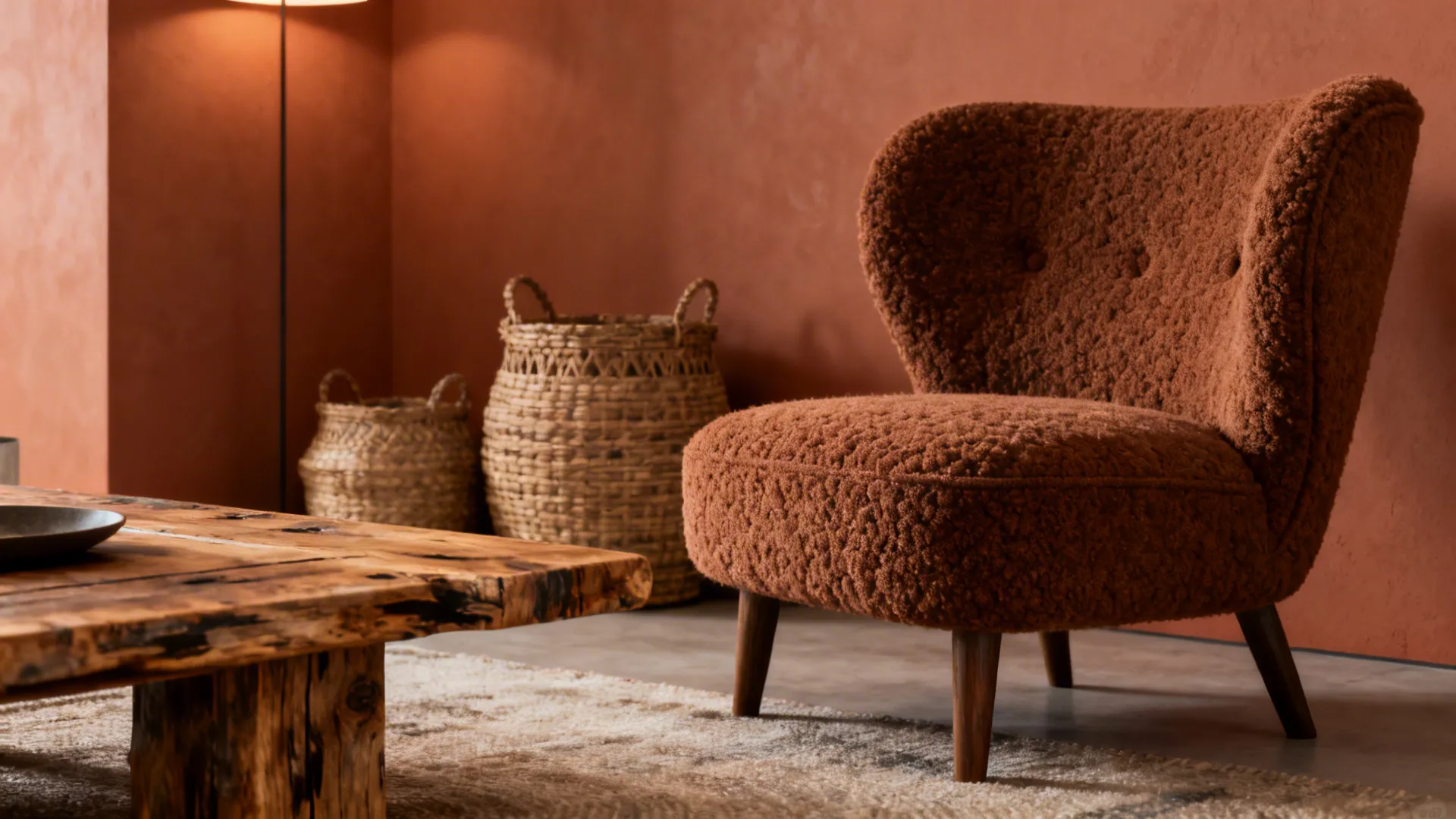 Boucle armchair, woven baskets and reclaimed wood coffee table in muted orange setting