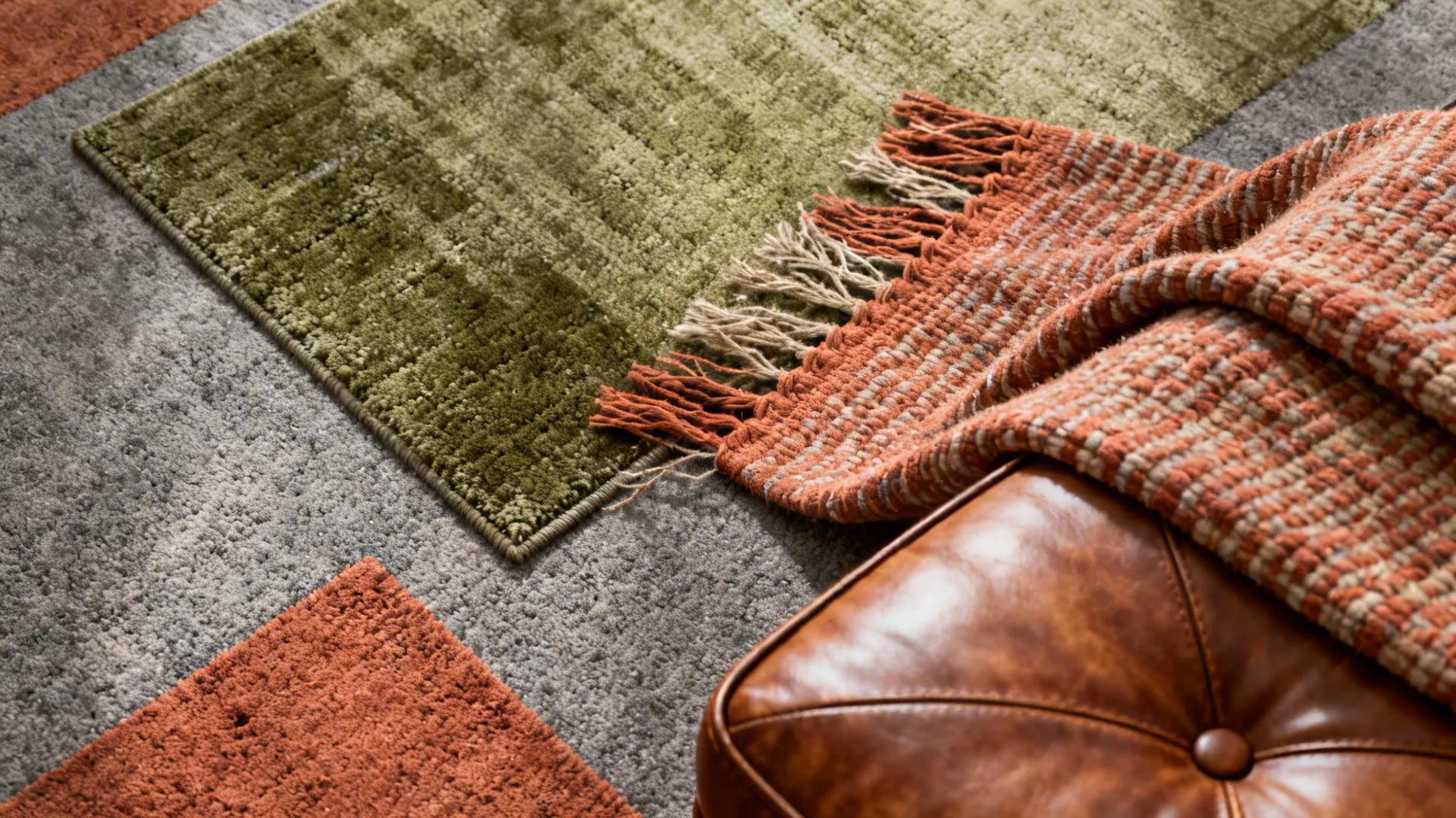 Flatlay of muted mid-century rug samples with woven throw and leather ottoman textures.