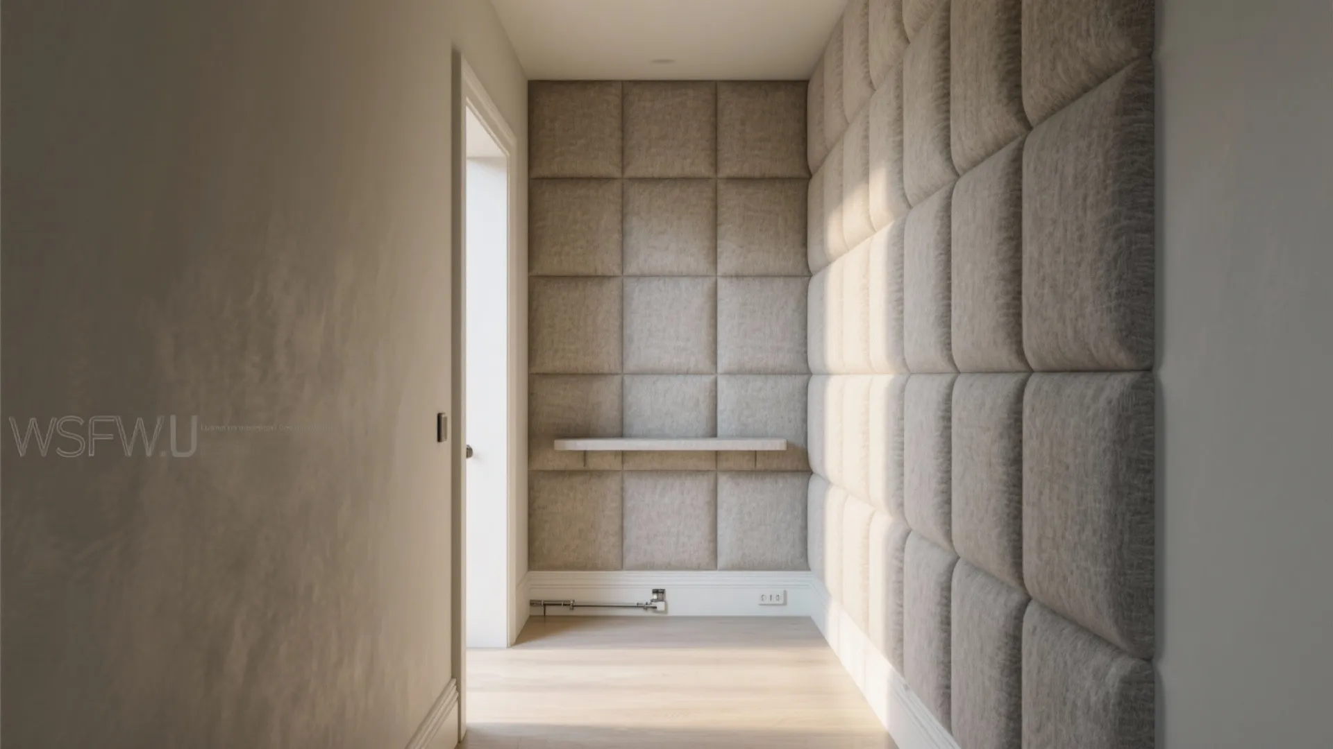 Modern hallway with soft square wall panel design neutral wood floor and a small shelf