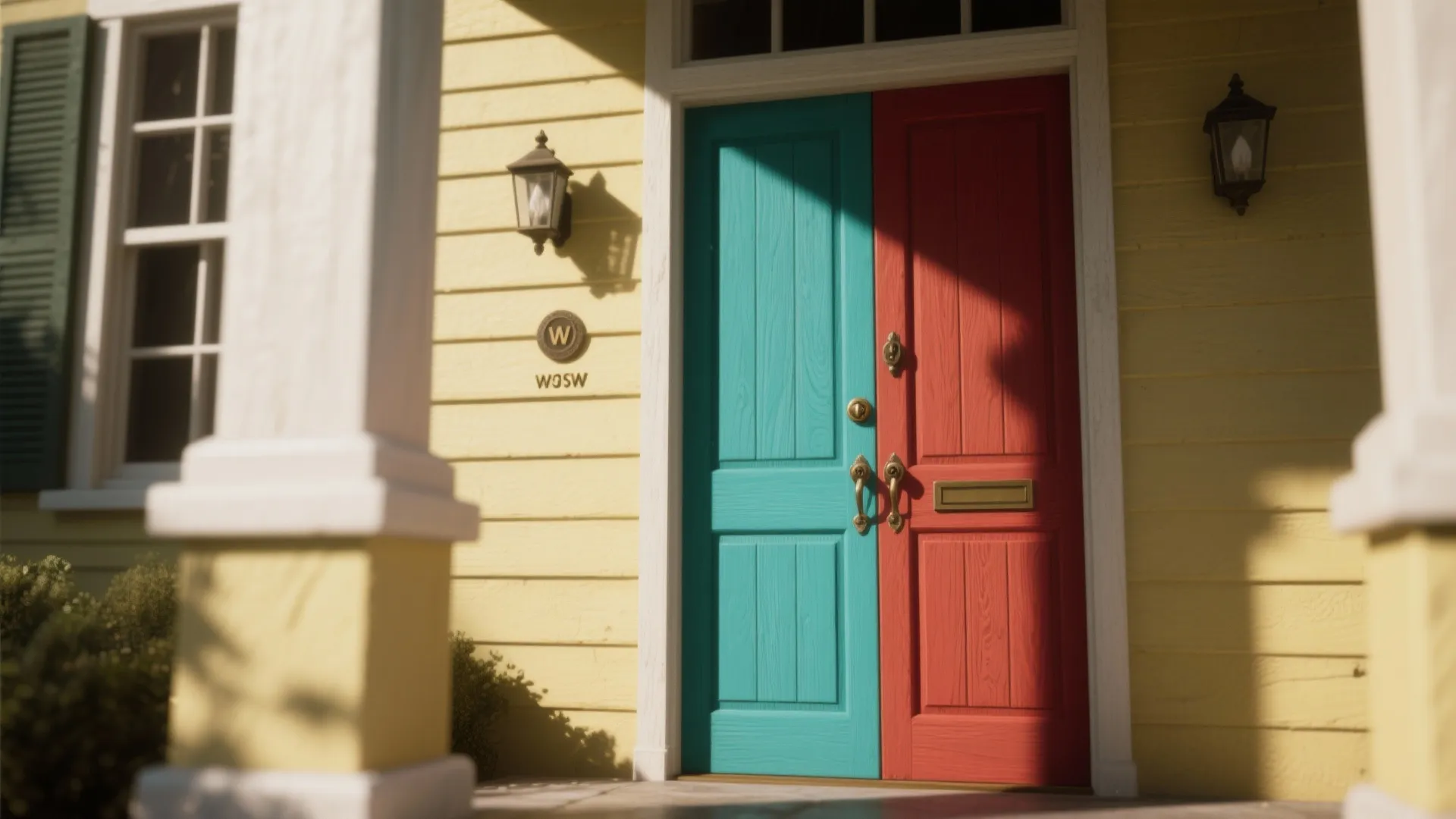 Front porch of yellow house with unique blue and red double doors and wall lights