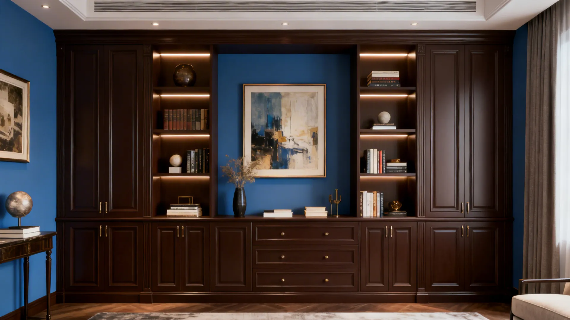 Narrow living room with muted blue walls and chocolate brown built-in cabinets