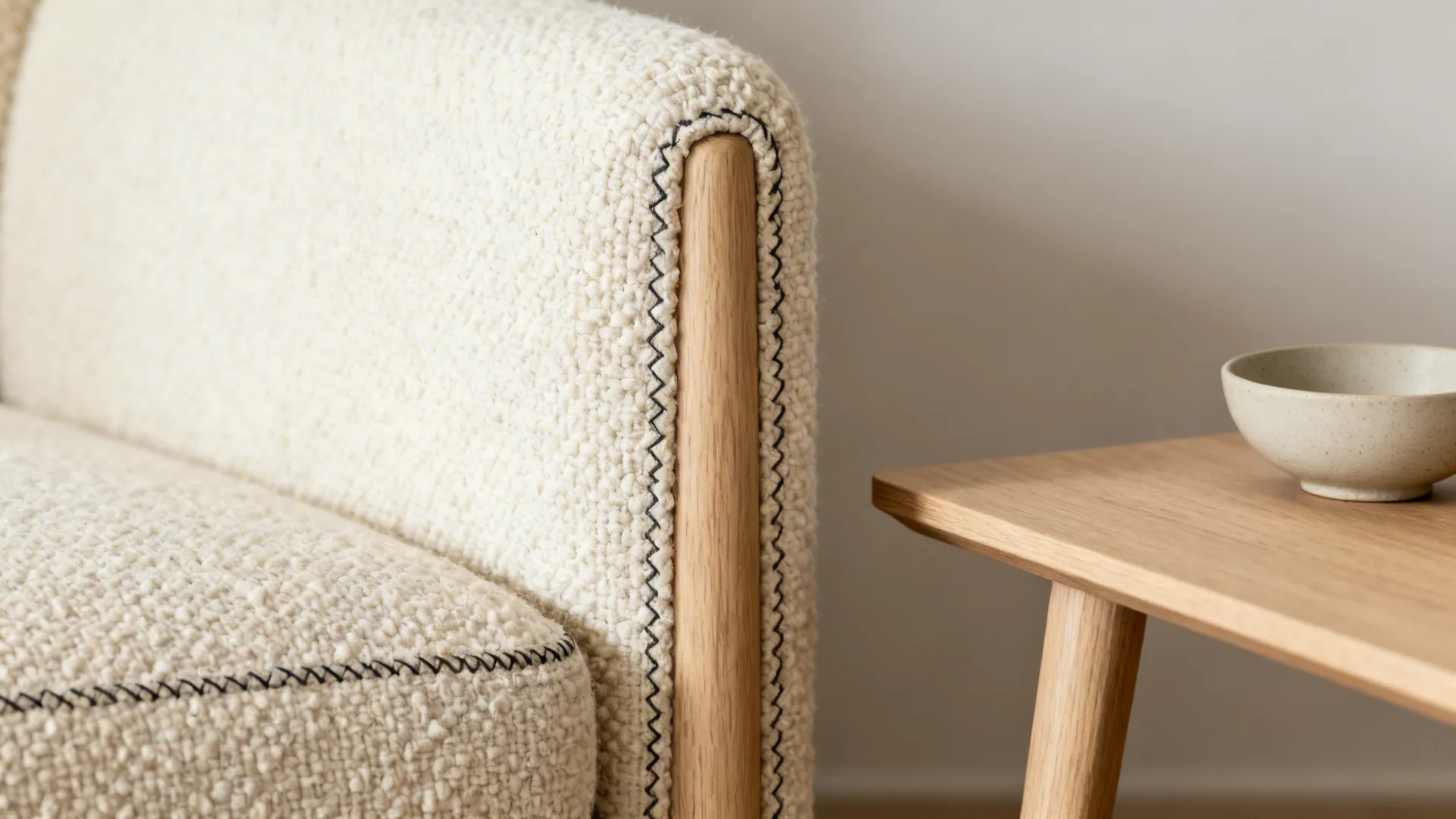 Close-up of soft boucle sofa upholstery and light oak table edge showing tactile materials.