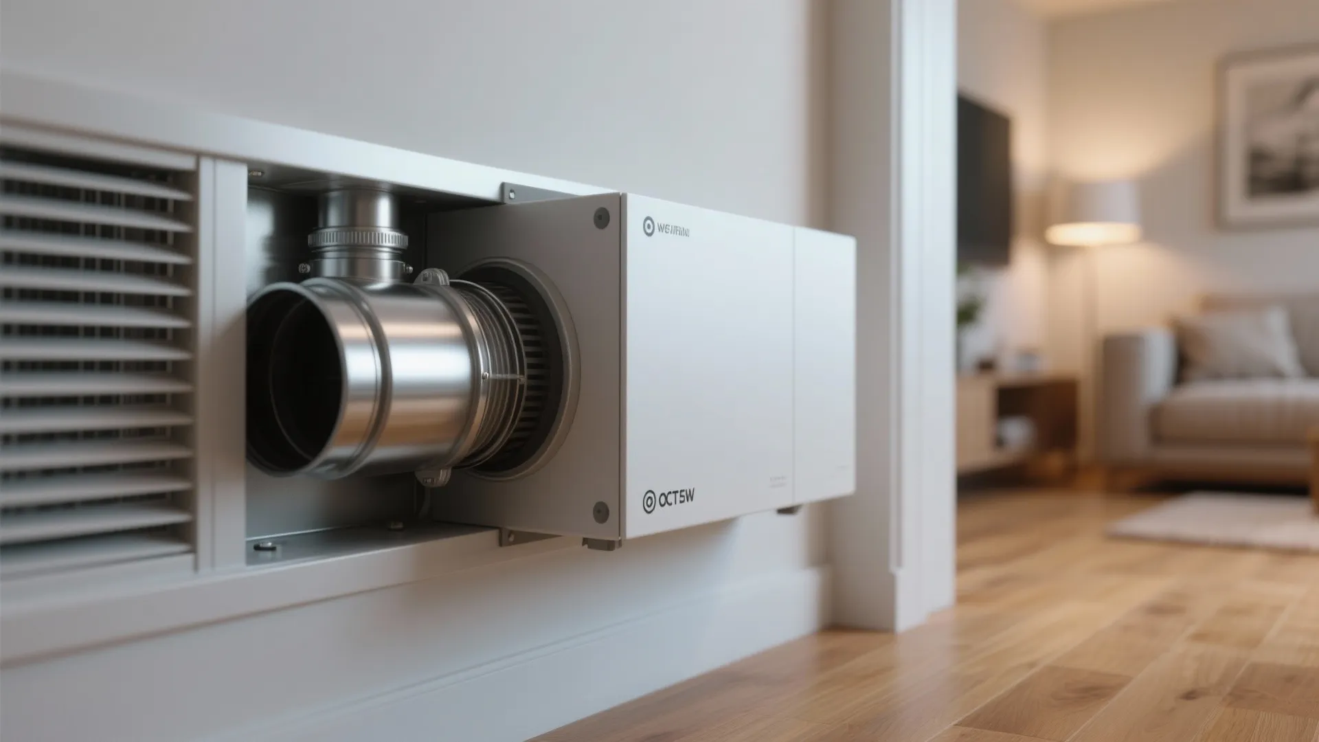 Modern white wall mounted ventilation machine with silver pipe installed in a living room wall