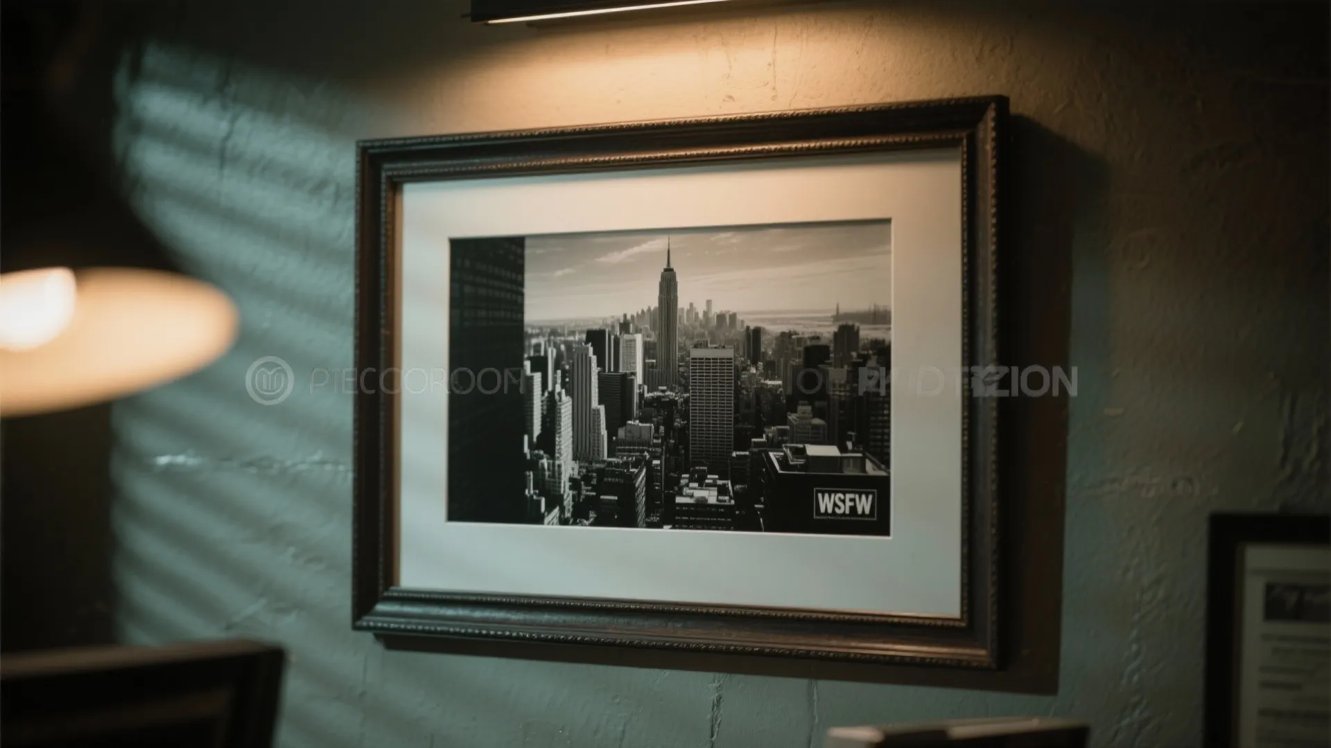 Framed black and white picture of city skyline hanging on wall under bright light fixture