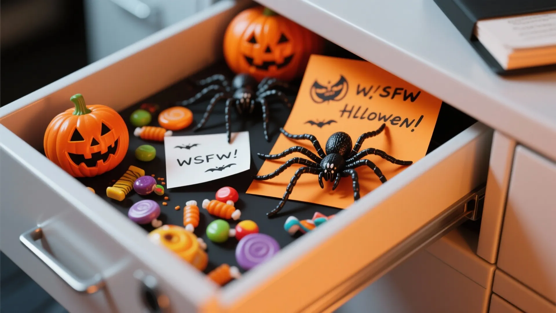 Open office drawer filled with Halloween pumpkins spiders candy and a small note for spooky decoration