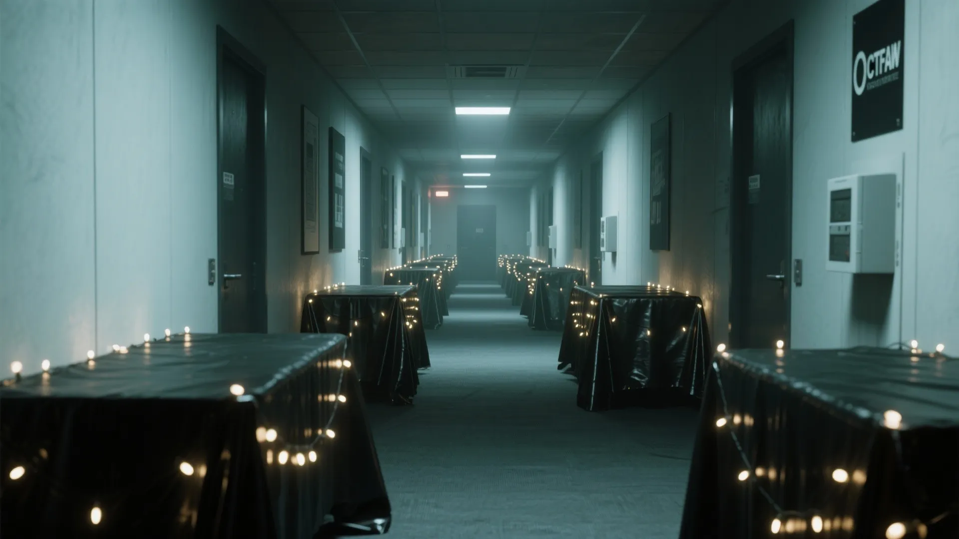 Long dark office hallway with black tables covered in small string lights for a Halloween party