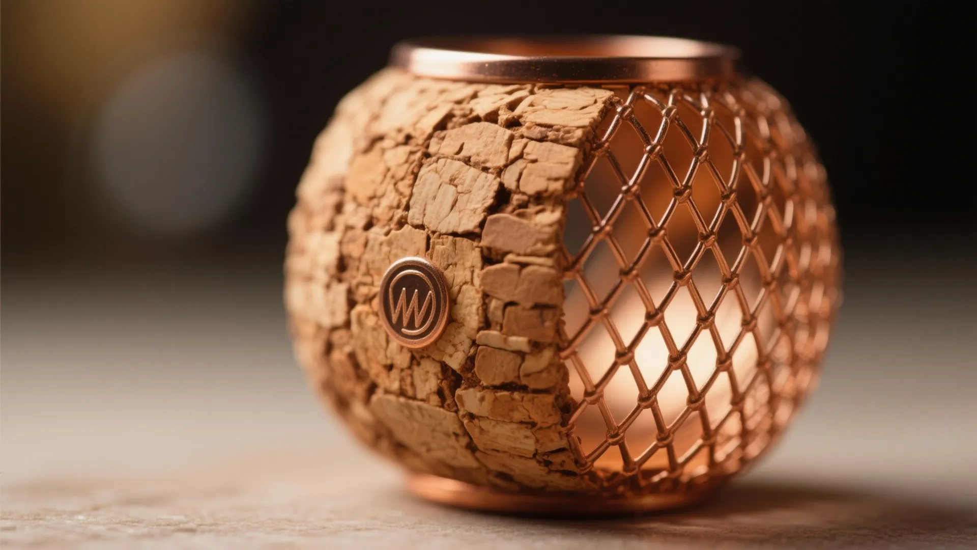 Round copper metal light fixture with textured cork material and wire mesh in close up