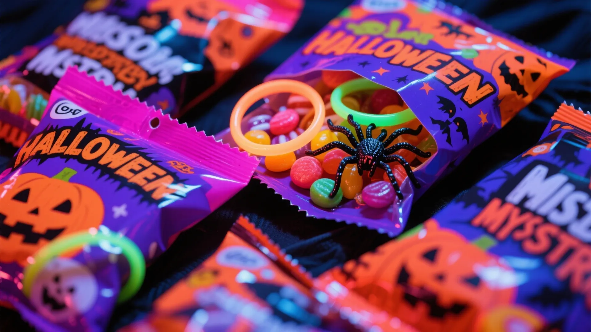 Purple Halloween treat bags filled with colorful round candies plastic spider toys and orange rings