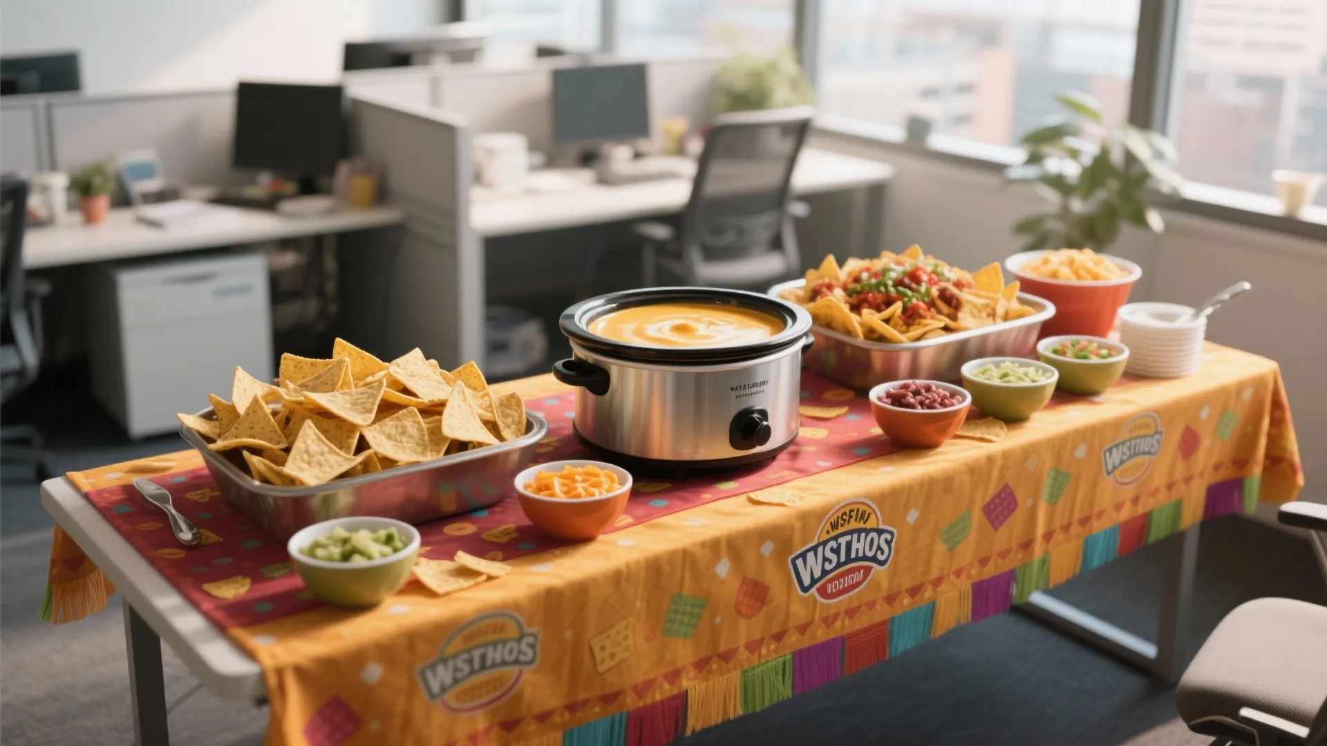 Office nacho bar setup on orange tablecloth with chips dip bowls and slow cooker cheese sauce