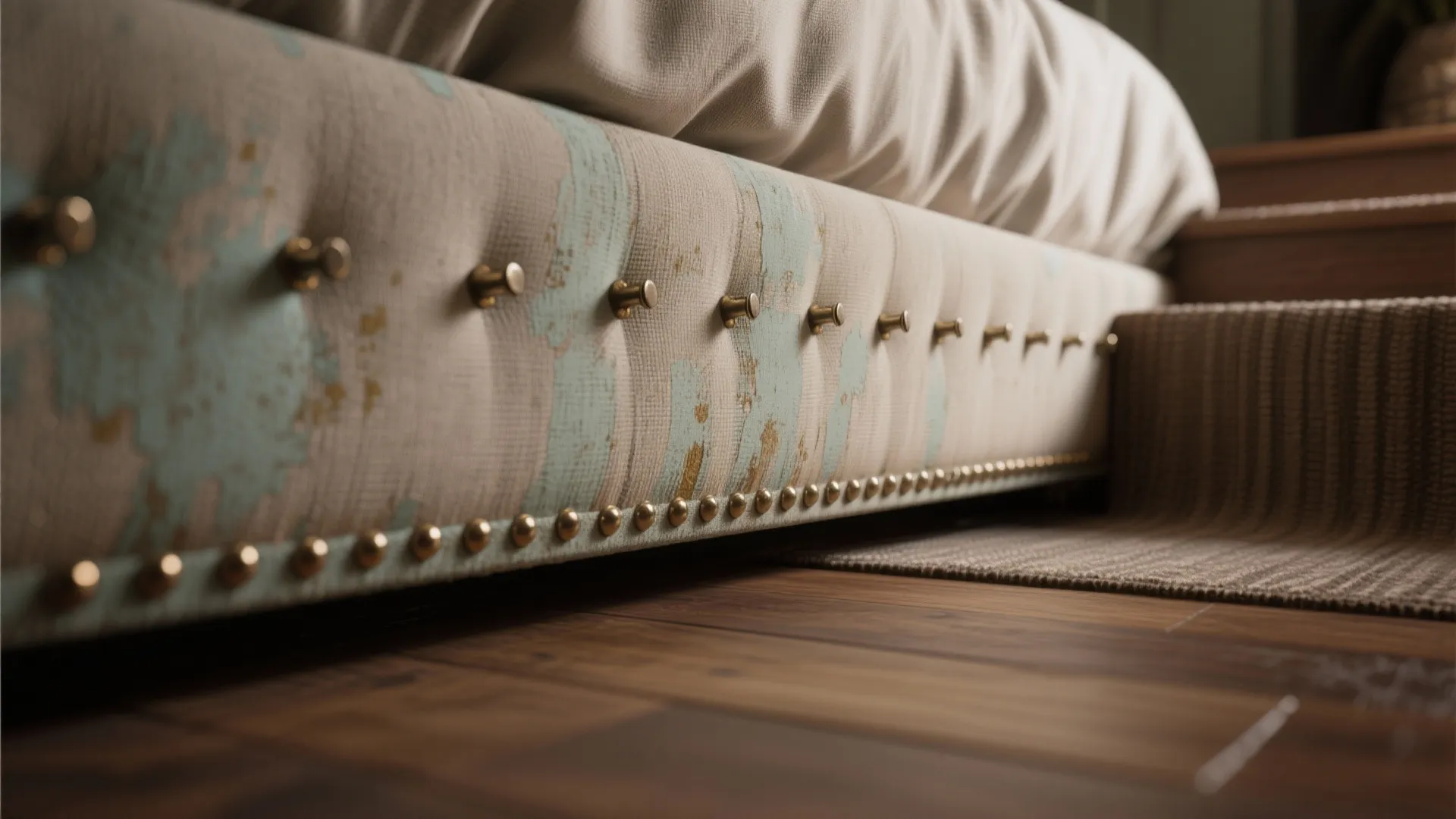 Macro view of painted nail-heads creating a dotted border on a headboard and runner.