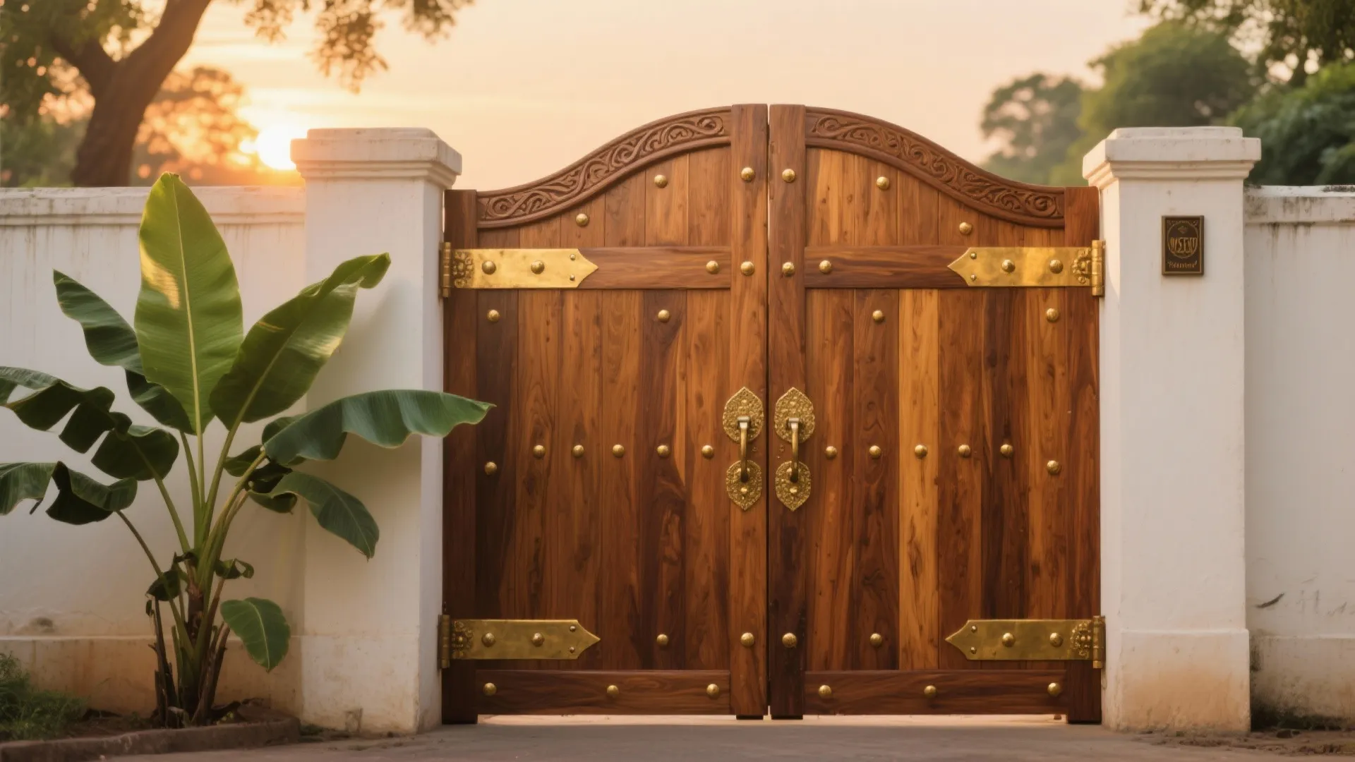 Arched wooden gates with gold metal plates and studs between white pillars during a sunset