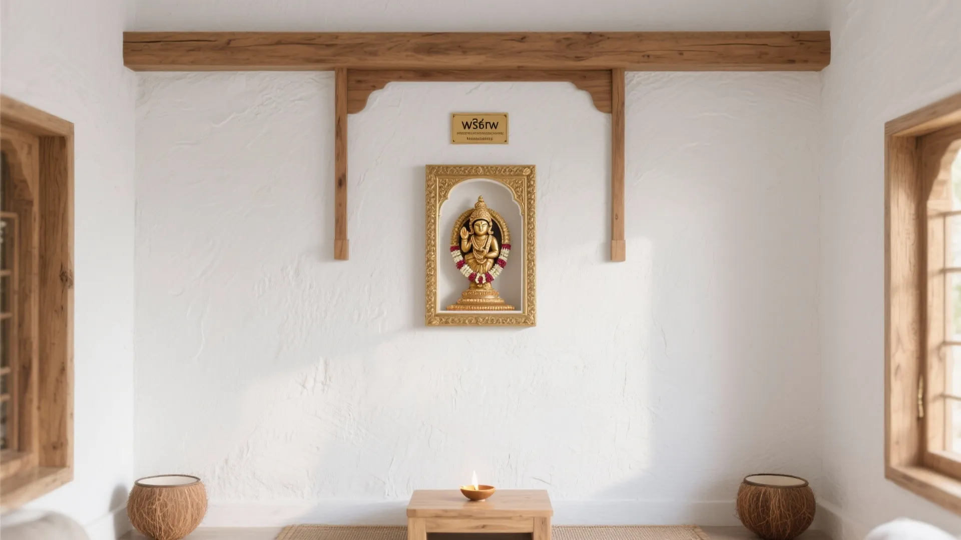 Minimalist white room featuring a wooden beam and gold statue frame with small wooden table