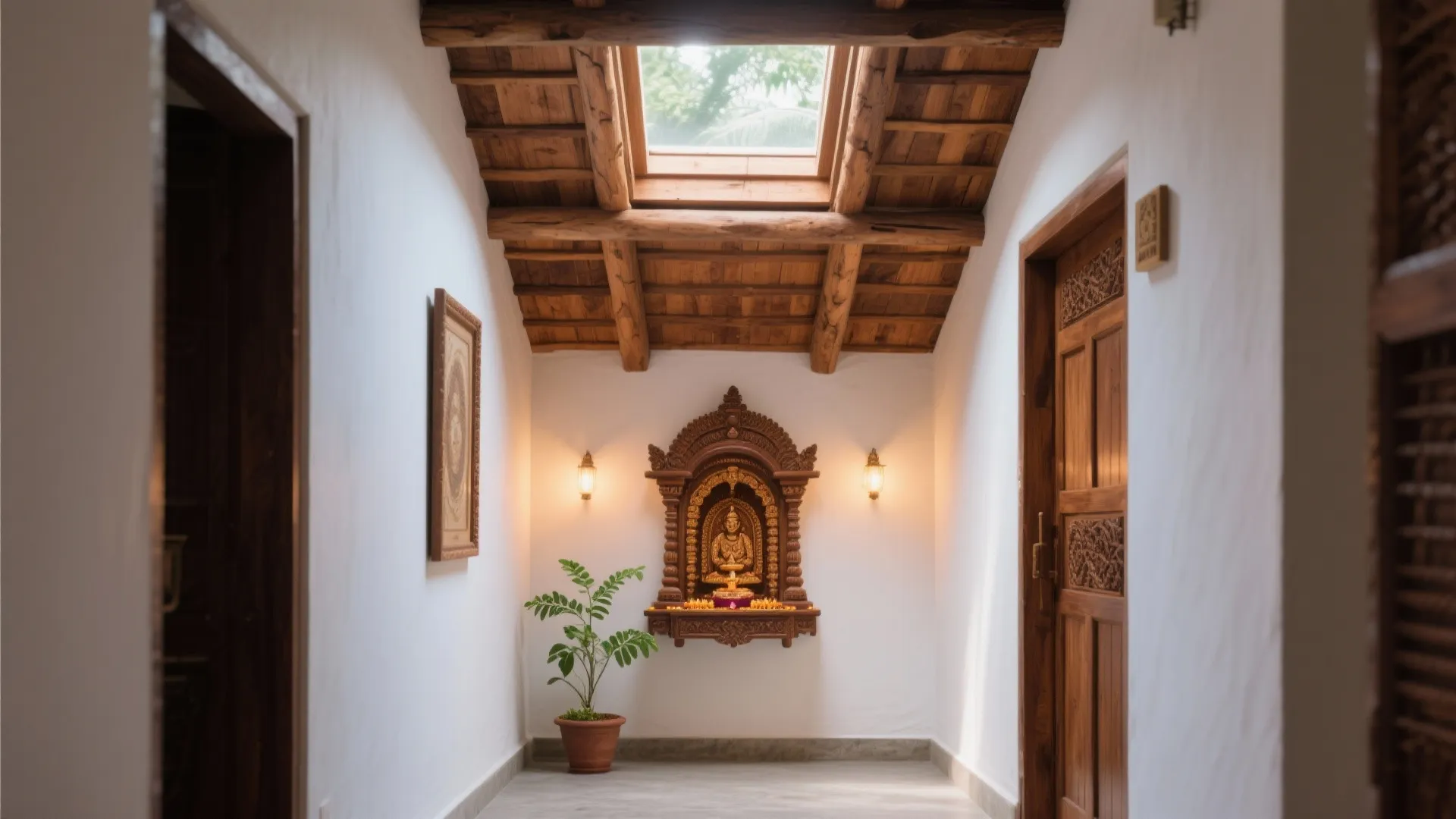 Indoor hallway with a wooden beam ceiling and roof window over a small wall shrine