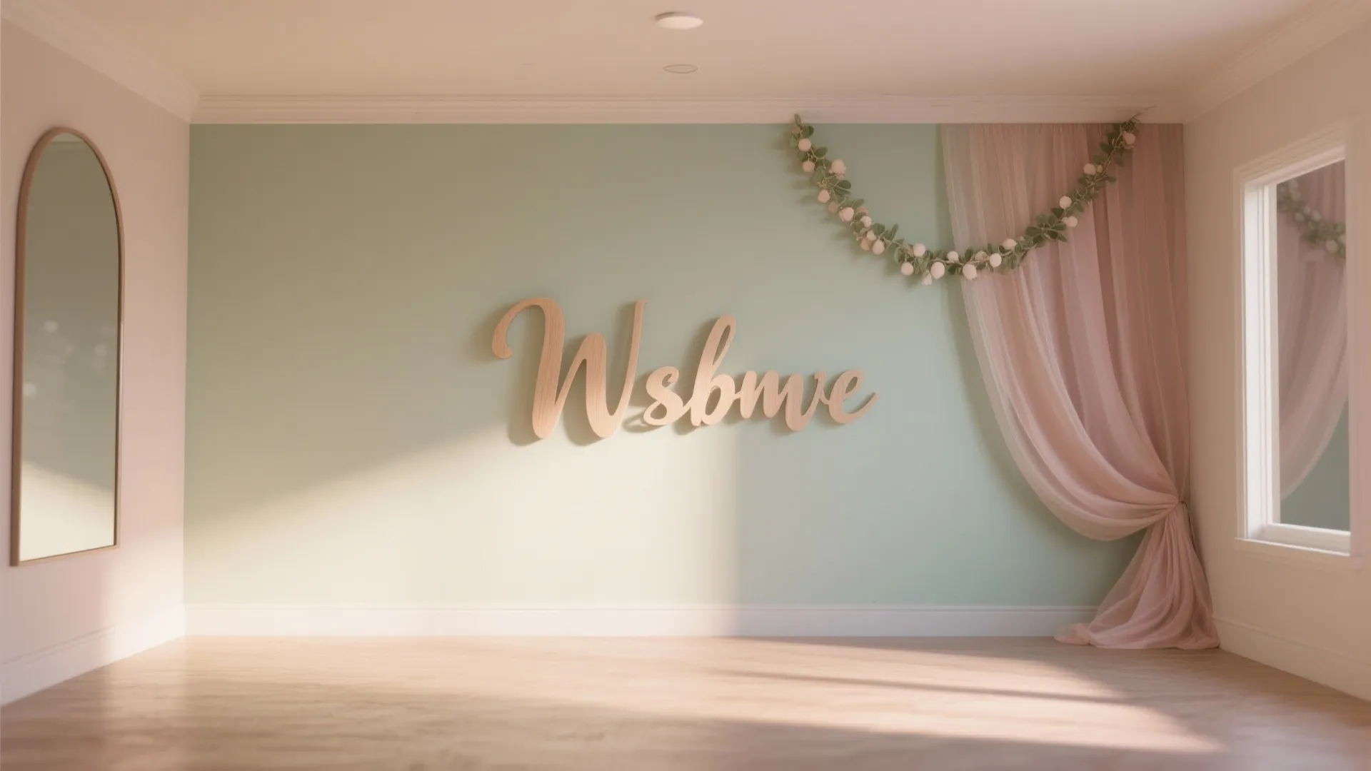 Empty nursery room with green wall wooden name sign pink curtain mirror and natural sun light