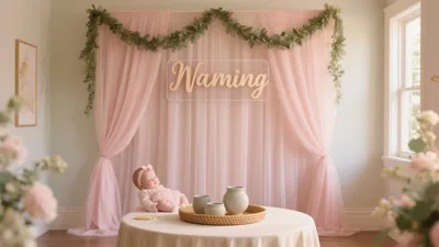 Soft Pink Naming Ceremony Backdrop with Greenery