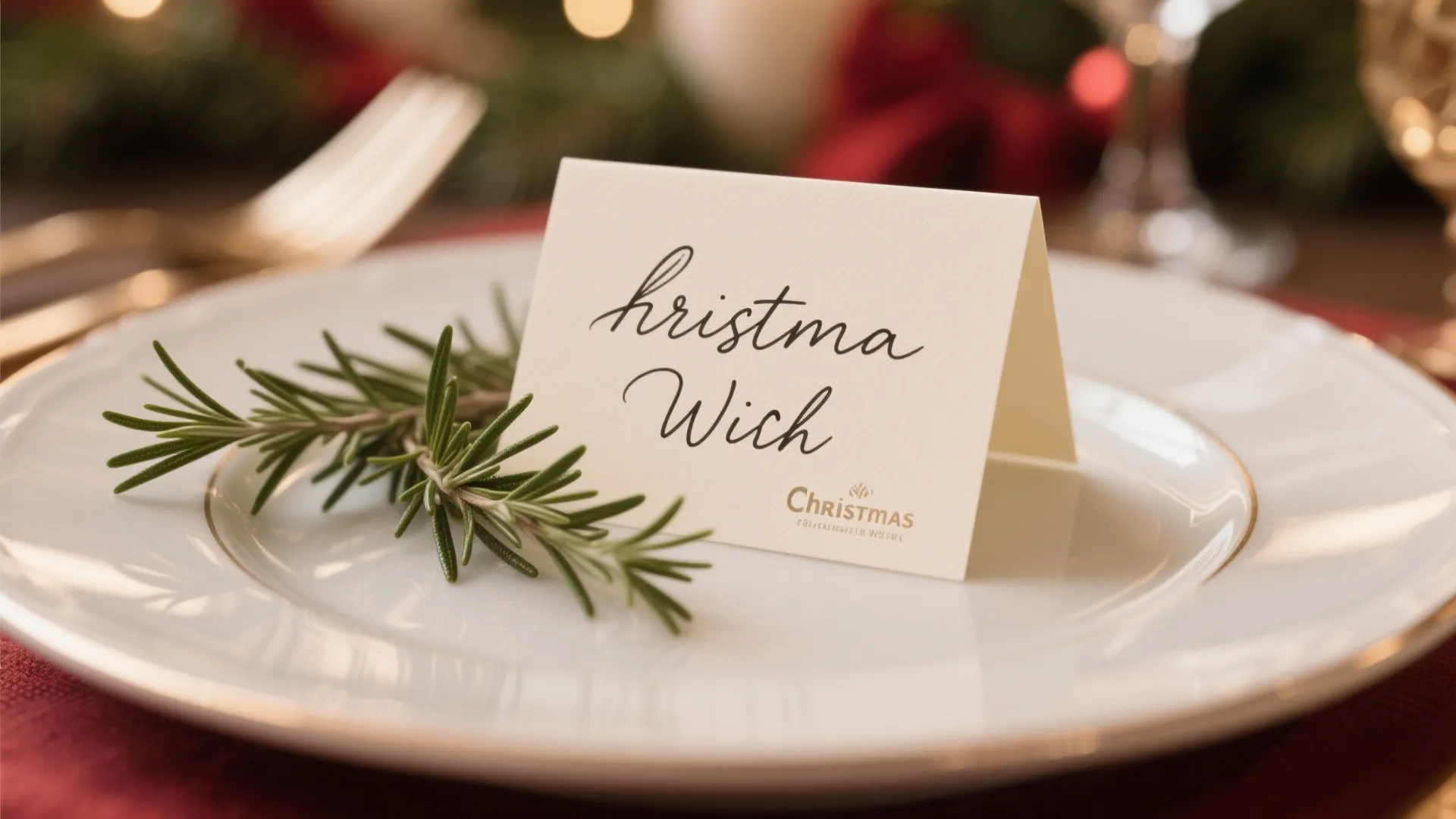 Elegant white place card with green rosemary branch on a white dinner plate for Christmas