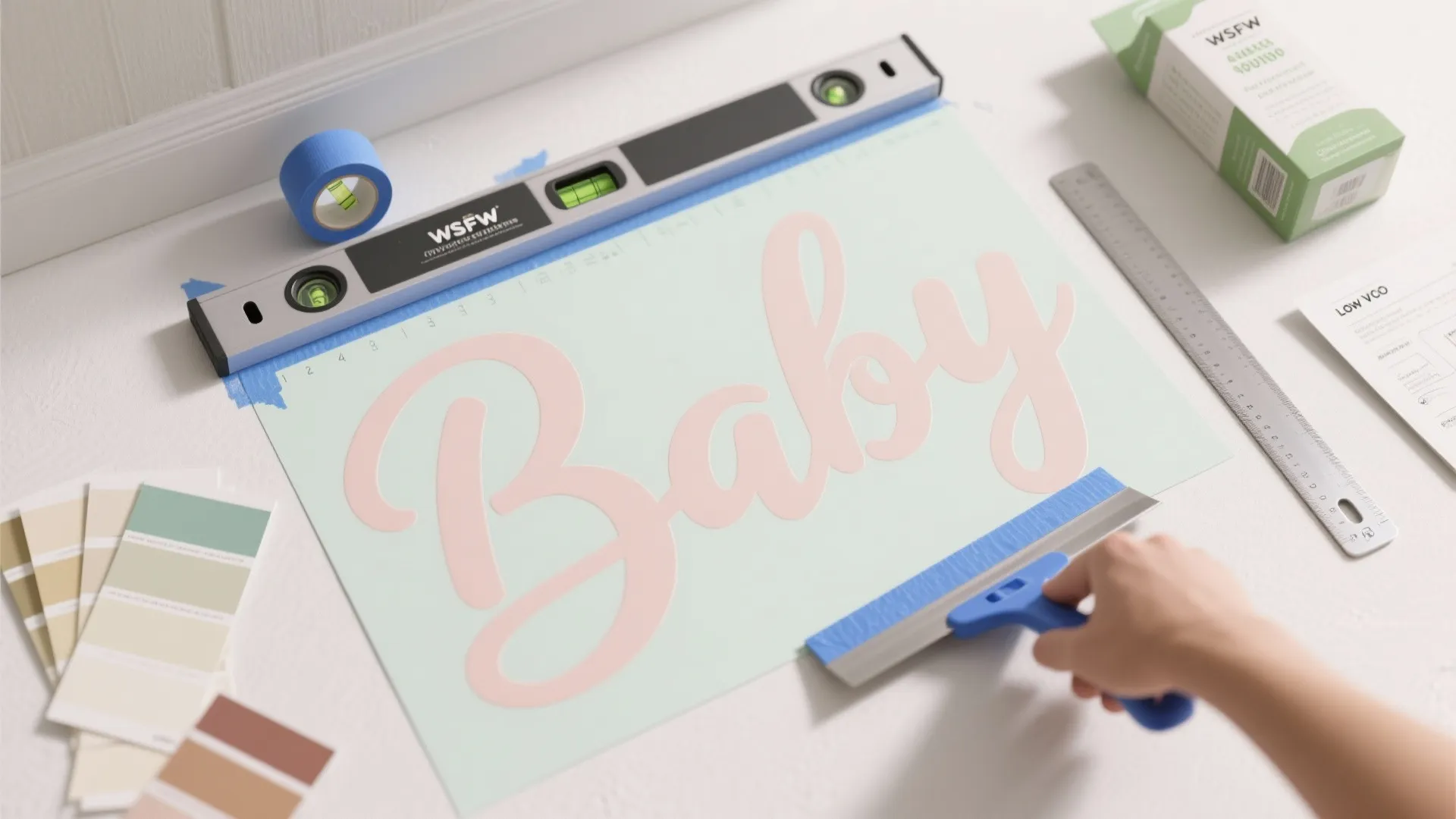 Top-down decal installation with level, painter’s tape, and squeegee aligning a pastel script baby name.