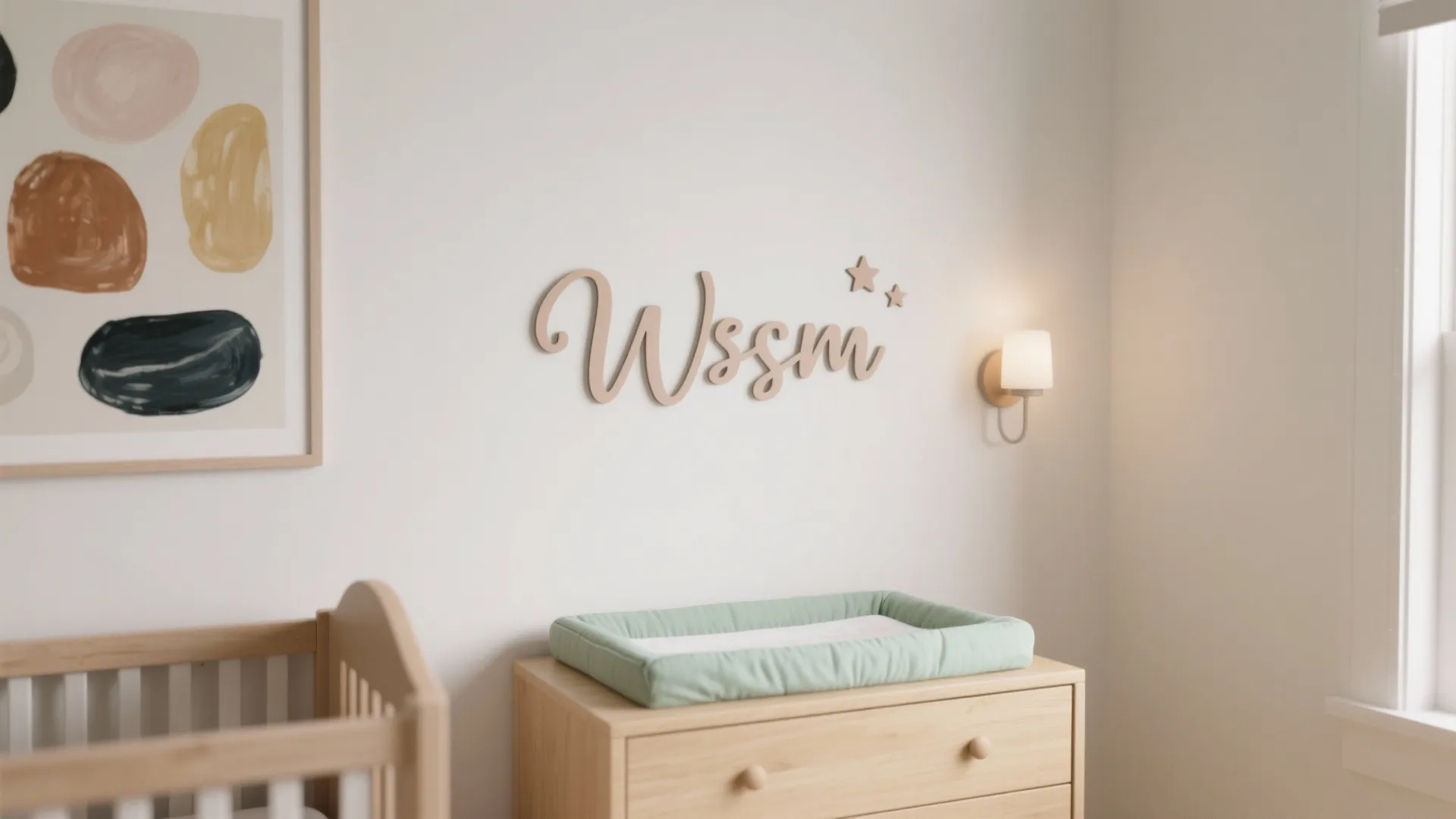 Matte peel-and-stick name decal with tiny stars above a light wood changing table in a small neutral nursery.