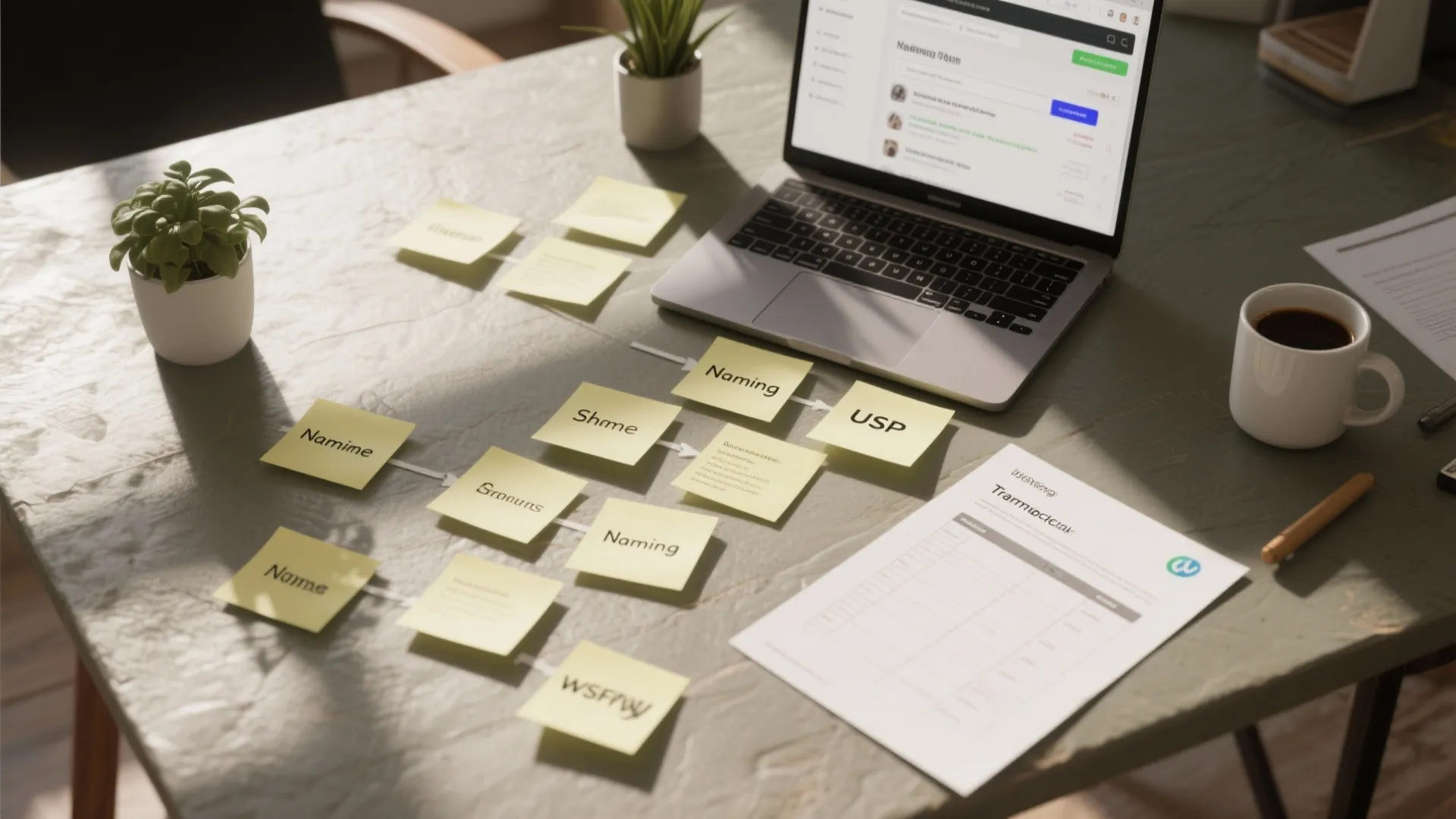 Workflow process on desk with yellow sticky notes laptop cup of coffee and green plants