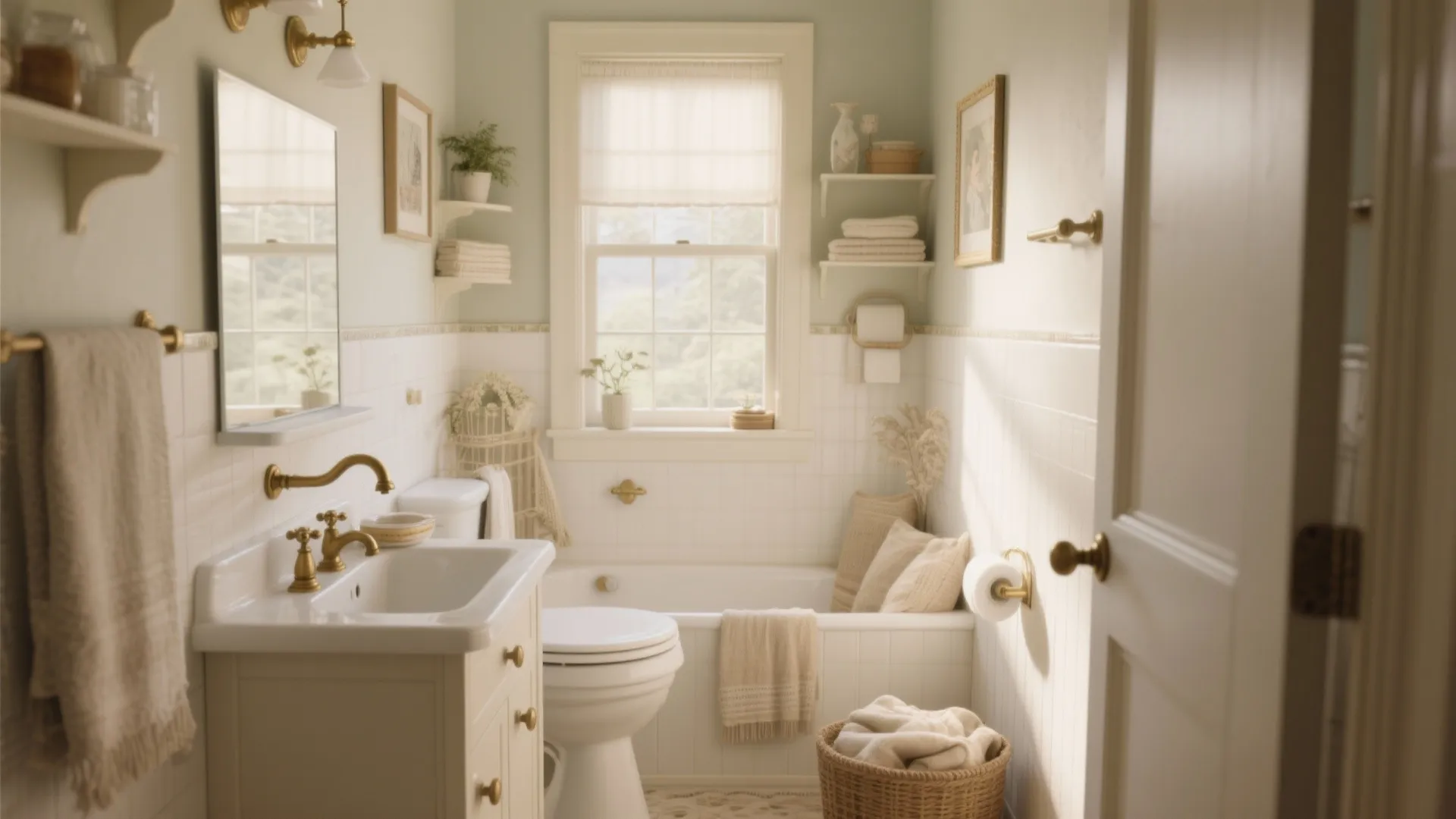 Cozy traditional bathroom featuring white vanity gold fixtures toilet bathtub window and light green wall paint